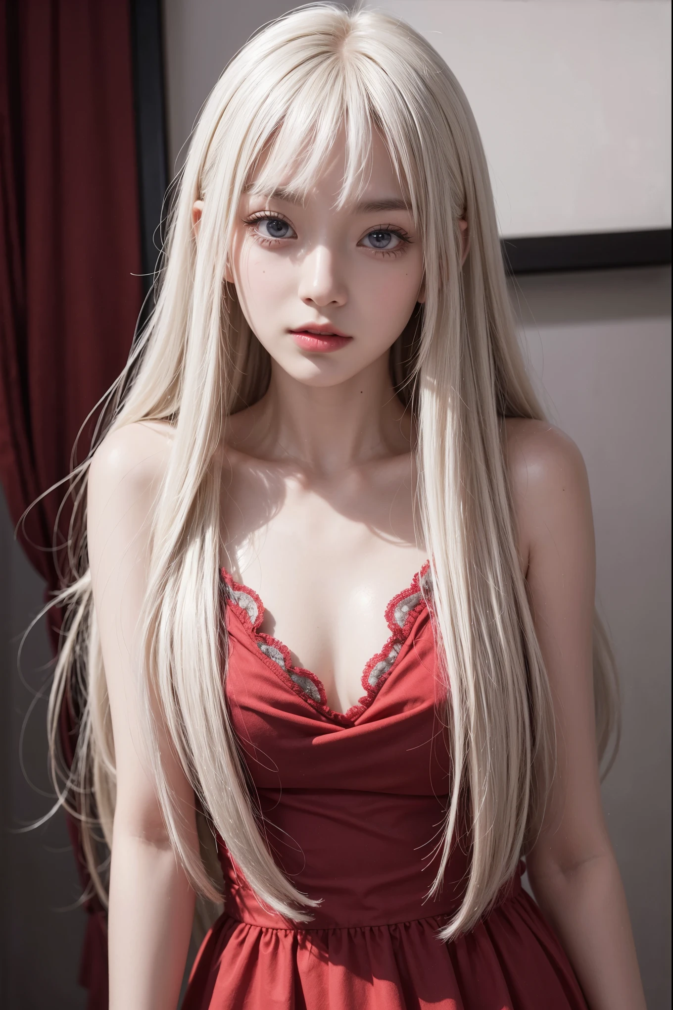 top-quality、超A high resolution、a picture、Photos of the cutest girls in the world、Detailed cute and beautiful face、(pureerosface_v1:0.008)、alice in the wonderland、、White shiny skin、Shiny face、Bangs that go down to the eyes and nose、Platinum Blonde Super Long Straight Silky Hair、finer hair、Attractive beautiful vivid big purple eyes, a red dress、