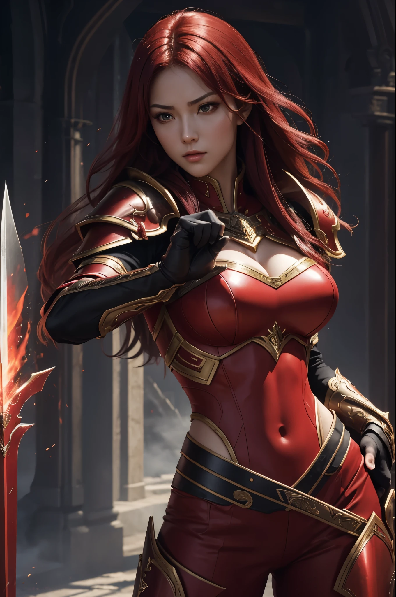 8k,Close-up of a goddess with a sacred sword, Gorgeous big chest chest armor, Sexy超美人(like the real thing)goddess of war,slender body,muscular woman,sharp look,He has a large and luxurious holy sword.,beautiful long red hair,strongly cracked abdominal muscles,Sexy,highly detailed art germ, Alexandra Fomina Art Station, 2. 5d cgi anime fantasy artwork, lady in red armor, armor girl, fan art best art station, great character art, Kushart Krenz Key Art Feminine, Chengwei Pan at Art Station,Super high resolution,Luxury Red Large Mist Chest Armor,luxury red combat pants,gorgeous red gauntlet,luxury red shoulder armor,luxurious red waist armor,fantasy art,strongly cracked abdominal muscles,muscular thin legs,very big breasts,fighting pose,Dynamic pose holding a sword,shout,anger,anger,action scene,