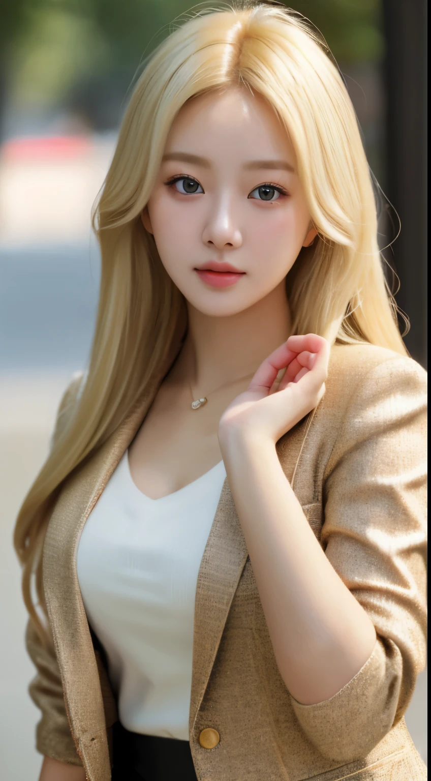 best quality, masterpiece, 1girl, Beautiful face, (blonde hair), (photo realistic:1.3), rim lighting, (high detailed skin:1.2), 8k uhd, dslr, high quality, high resolution, 4k, 8k, Bokeh, absurdres, best ratio four finger and one thumb, (realistic:1.3), ulzzang, cute kawaii 1girl, wearing blazer,