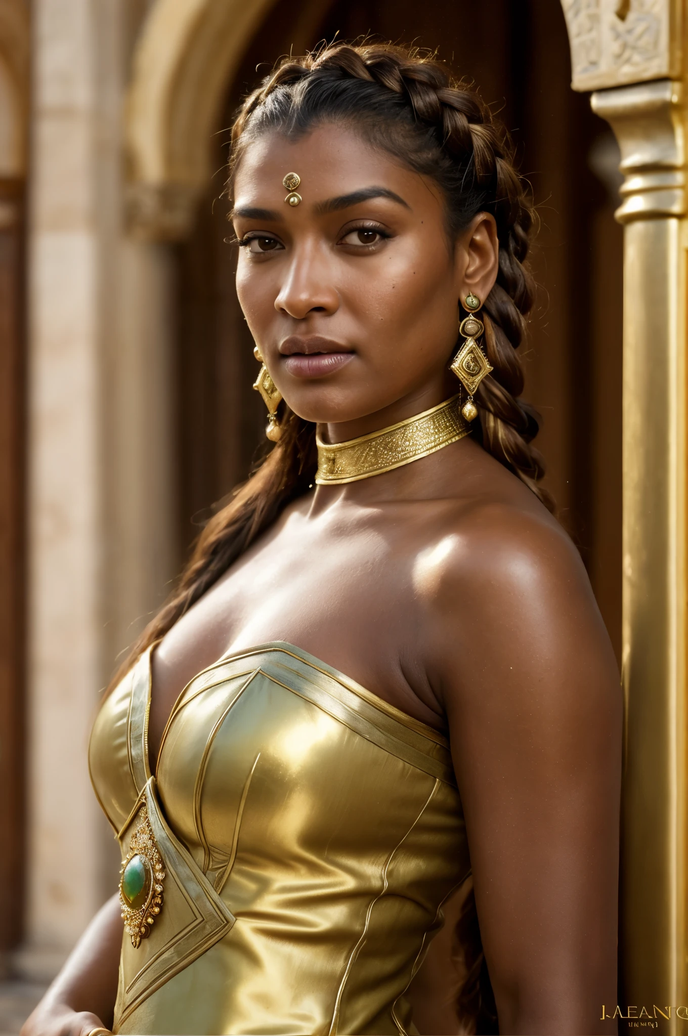 Foto RAW, close up portrait of a 40 year-old gorgeous confident blasian dark-skinned medieval fantasy queen, extremely gorgeous, looks like Kriti Sanon,  almond-shaped eyes, plump lips, gorgeous hazel-colored eyes, long hair, dutch braids, elaborate hairdo, serious look, steadfast expression, slim, body oil, moisturizing oil, tanning oil, oiled body, glowing skin, skin pores, rich regal traditional fantasy north african regal clothes, filigree jewels, in a fantasy north african palace, (backlighting), realistic, masterpiece, highest quality, lens flare, shade, bloom, [[chromatic aberration]], by Jeremy Lipking, by Antonio J. Manzanedo, digital painting, (pele altamente detalhada: 1.2), 8k UHD, DSLR, alta qualidade, grain of film, Fujifilm XT3