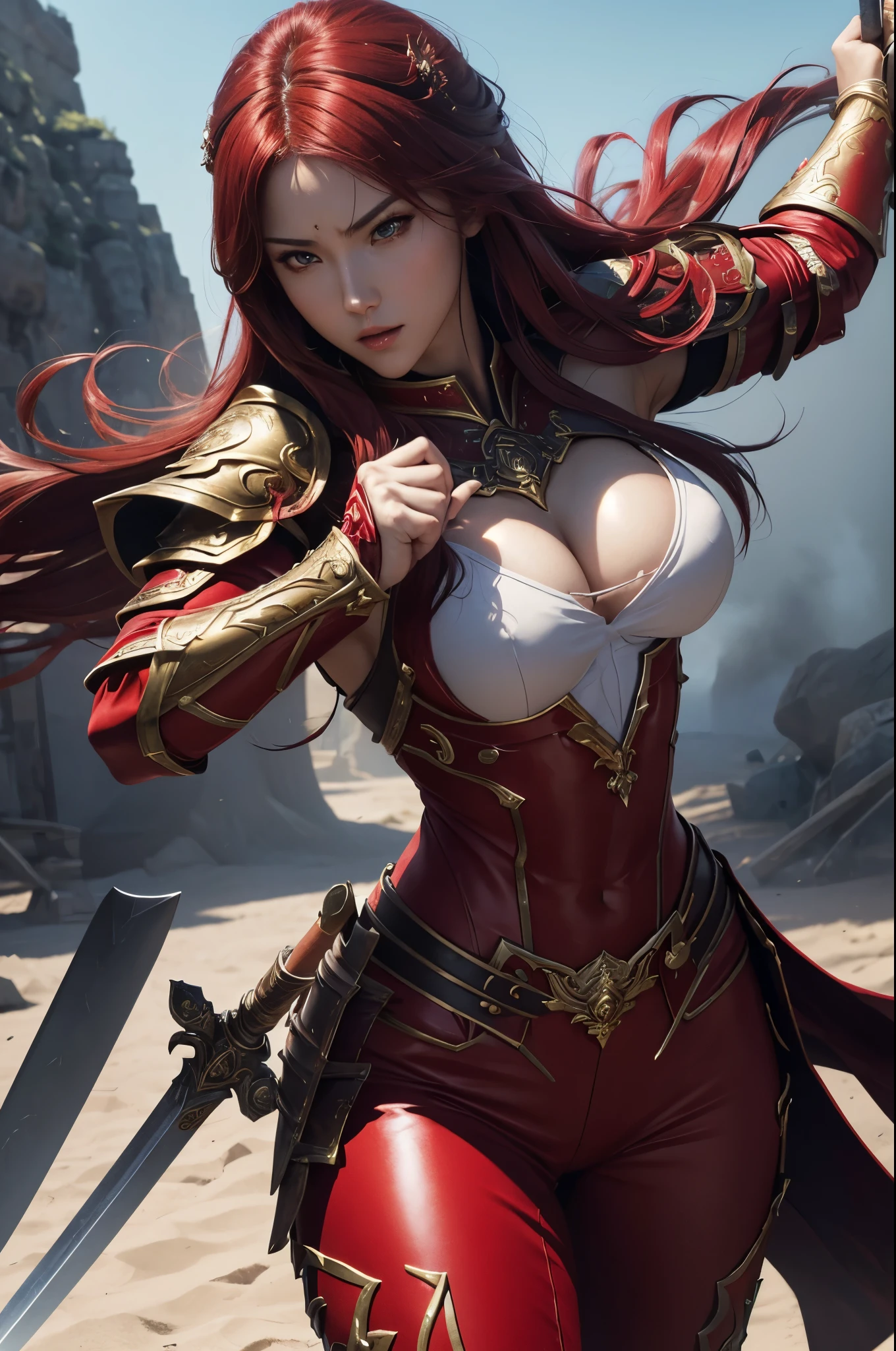 8k,Close-up of a goddess with a sacred sword, Gorgeous big chest chest armor, Sexy超美人(like the real thing)goddess of war,slender body,muscular woman,sharp look,He has a large and luxurious holy sword.,beautiful long red hair,strongly cracked abdominal muscles,Sexy,highly detailed art germ, Alexandra Fomina Art Station, 2. 5d cgi anime fantasy artwork, lady in red armor, armor girl, fan art best art station, great character art, Kushart Krenz Key Art Feminine, Chengwei Pan at Art Station,Super high resolution,Luxury Red Large Mist Chest Armor,luxury red combat pants,gorgeous red gauntlet,luxury red shoulder armor,luxurious red waist armor,fantasy art,strongly cracked abdominal muscles,muscular thin legs,very big breasts,fighting pose,Dynamic pose holding a sword,shout,anger,anger,action scene,