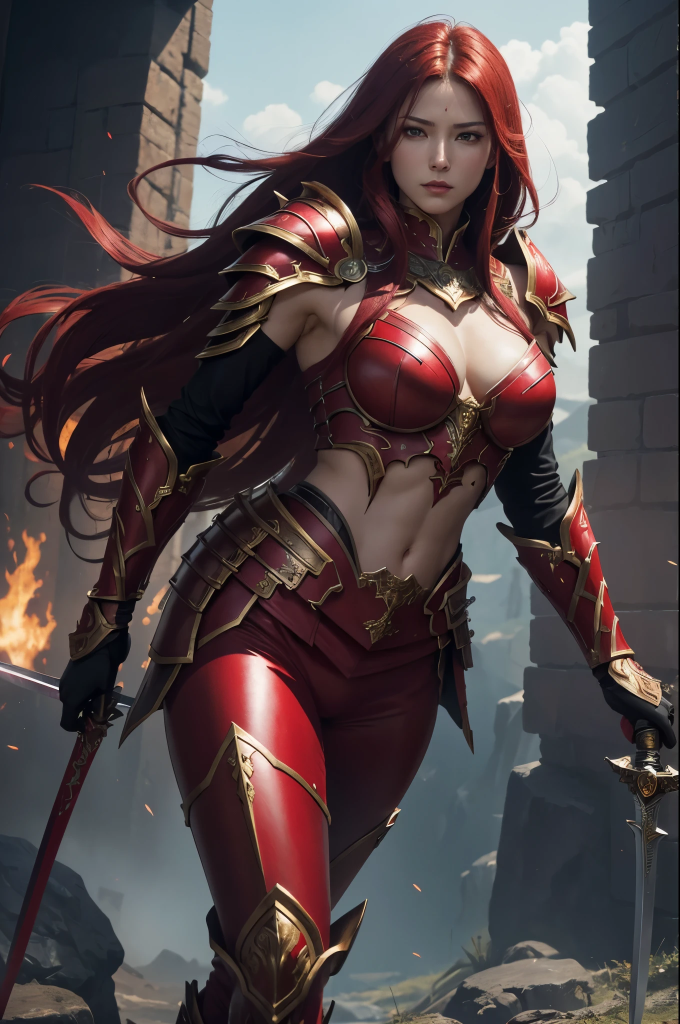 8k,Close-up of a goddess with a sacred sword, Gorgeous big chest chest armor, Sexy超美人(like the real thing)goddess of war,slender body,muscular woman,sharp look,He has a large and luxurious holy sword.,beautiful long red hair,strongly cracked abdominal muscles,Sexy,highly detailed art germ, Alexandra Fomina Art Station, 2. 5d cgi anime fantasy artwork, lady in red armor, armor girl, fan art best art station, great character art, Kushart Krenz Key Art Feminine, Chengwei Pan at Art Station,Super high resolution,Luxury Red Large Mist Chest Armor,luxury red combat pants,gorgeous red gauntlet,luxury red shoulder armor,luxurious red waist armor,fantasy art,strongly cracked abdominal muscles,muscular thin legs,very big breasts,fighting pose,Dynamic pose holding a sword,shout,anger,anger,action scene,