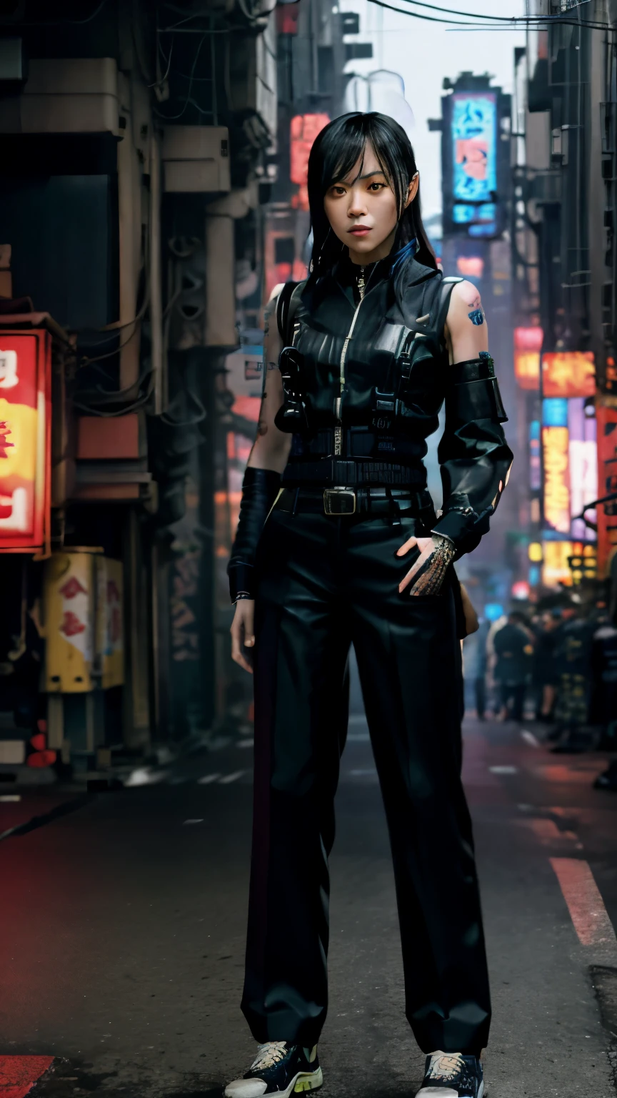 (highest quality)，masterpiece，Super detailed，8K, UHD，Beautiful woman，japanese woman，No expression，whole body，((tattoo))，slim，black slacks，(female mafia)，gangster，(cyberpunk city)，night，cinematic lightening，underworld