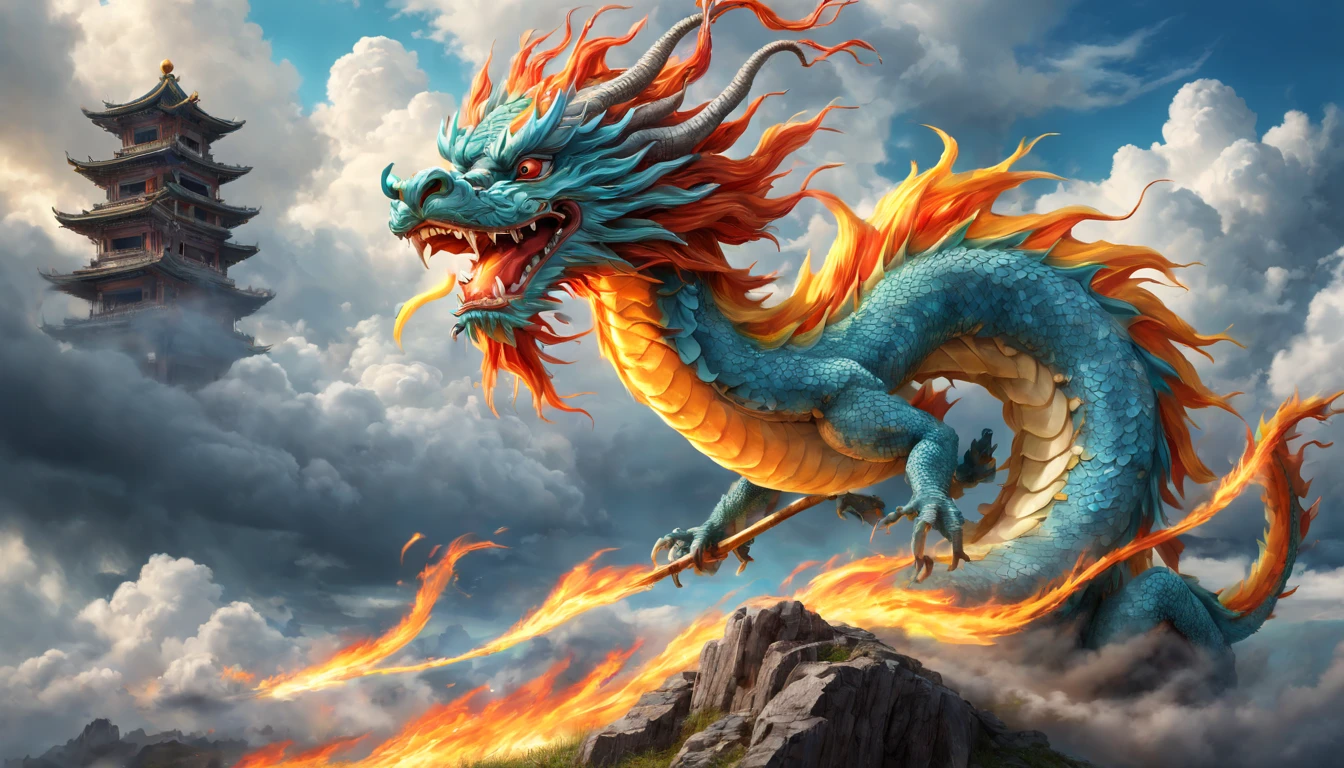 (The main subject: wide wide shot), The flame  light blue,[Multicolored,(Chinese dragon anthropomorphism)], salama,dramatic clouds,(Deep in the field), Rich details​, (Wide sky), (sense of vastness),Energy and vitality, Complicated details.(Best quality at best, A high resolution, tmasterpiece:1.2), (actual:1.37), HighDynamicRange。