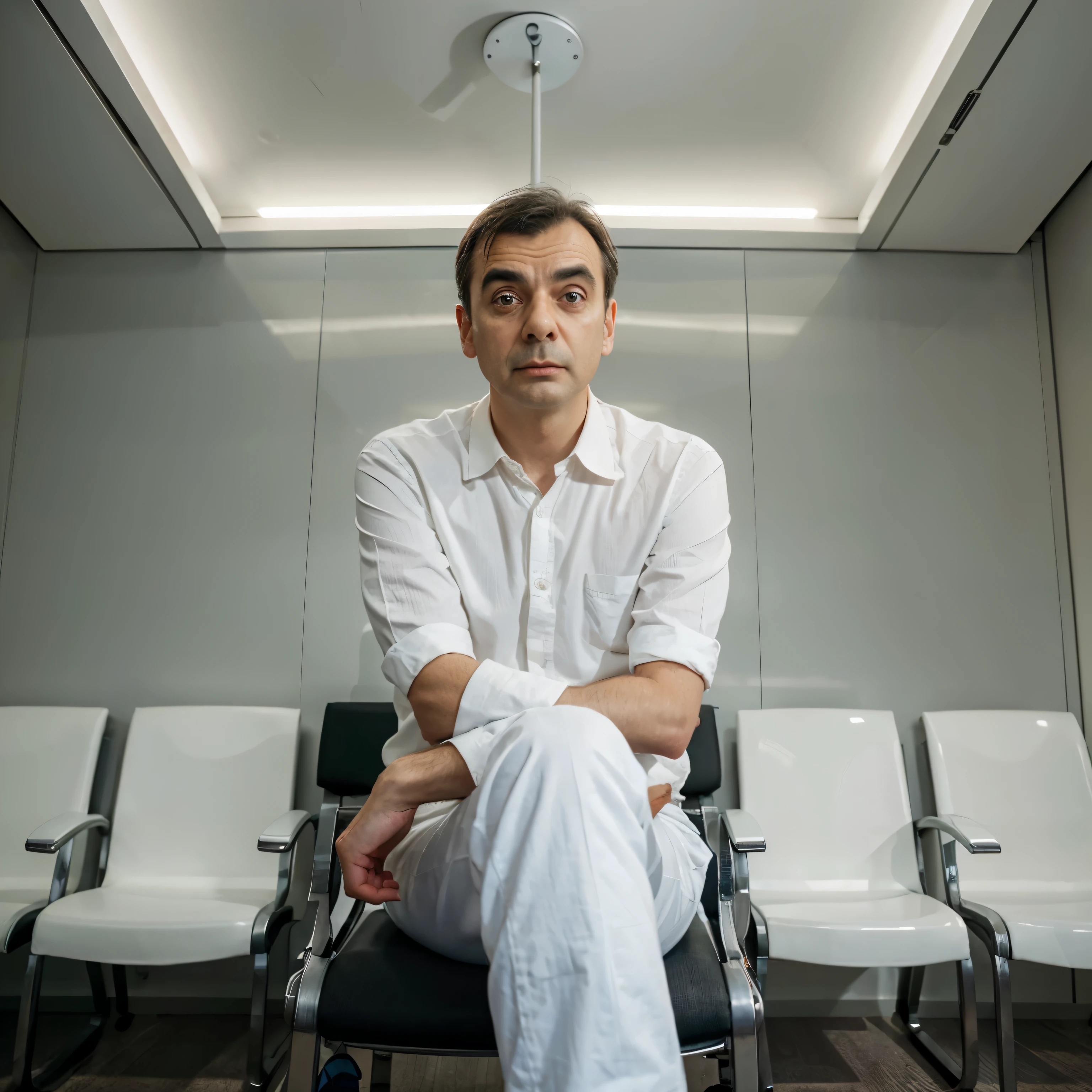 Mr Bean type character sitting on a metal chair in an all-white waiting room looking at a clock on the wall showing 10 minutes to 1pm, cinematographic, foto realista 