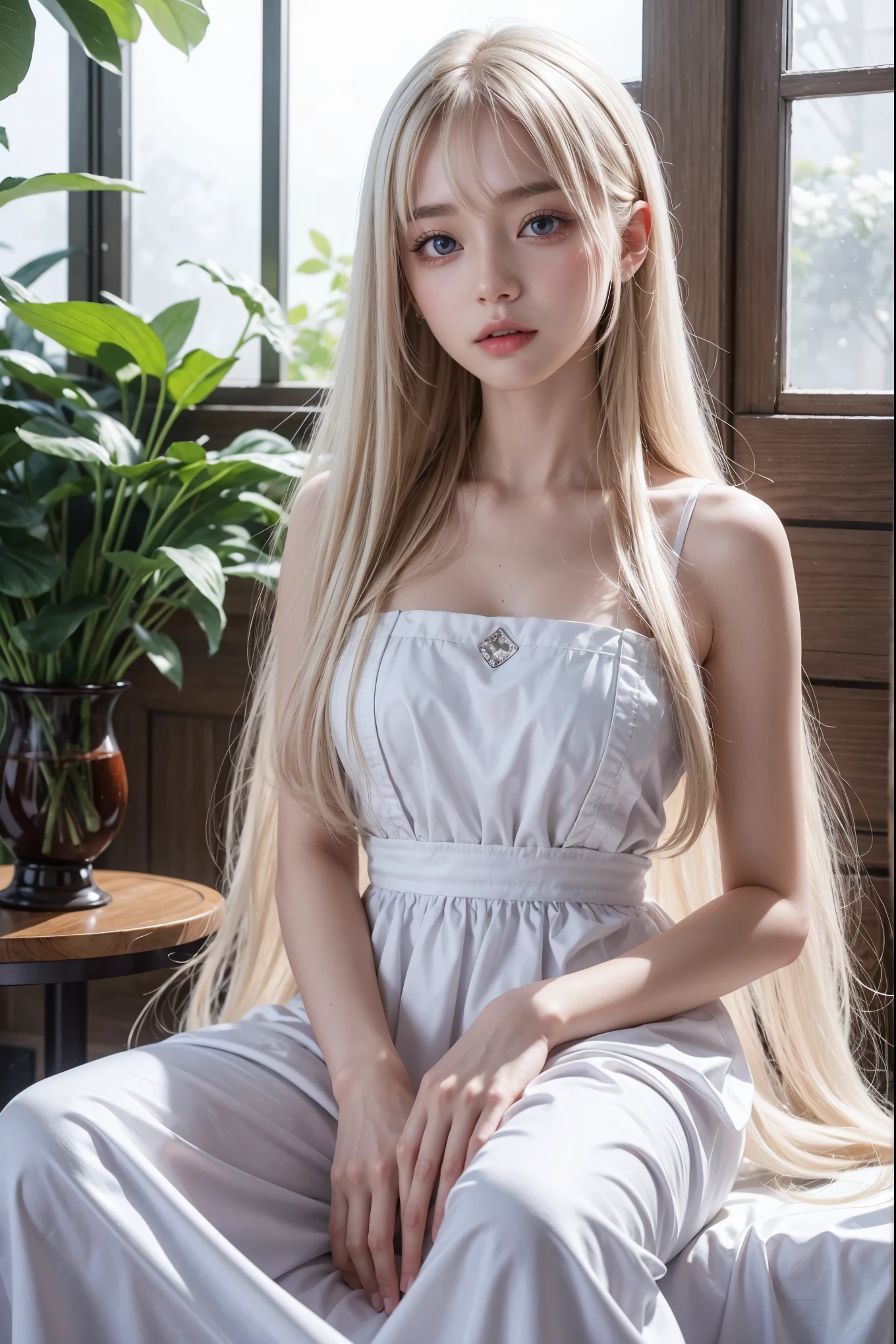 top-quality、超A high resolution、a picture、Photos of the cutest girls in the world、Detailed cute and beautiful face、(pureerosface_v1:0.008)、alice in the wonderland、15 age、White shiny skin、Shiny face、Bangs that go down to the eyes and nose、Platinum Blonde Super Long Straight Silky Hair、finer hair、Attractive beautiful crystal clear big purple eyes、White Apron、a red dress、