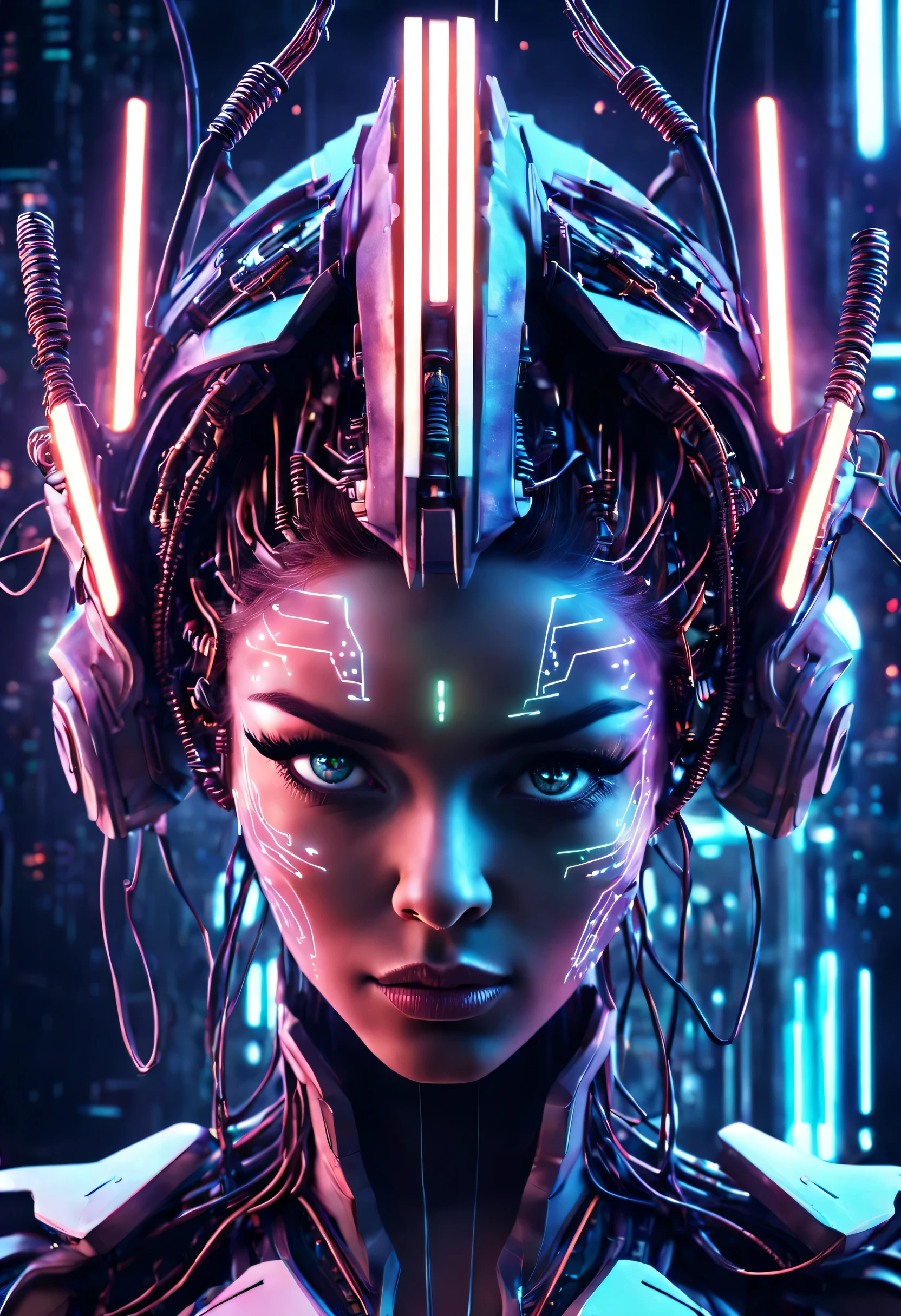 a woman with a futuristic headdress and a futuristic face, harmoniously integrated with computer chip and electrical wires, spaceship controls background, cyberpunk style
