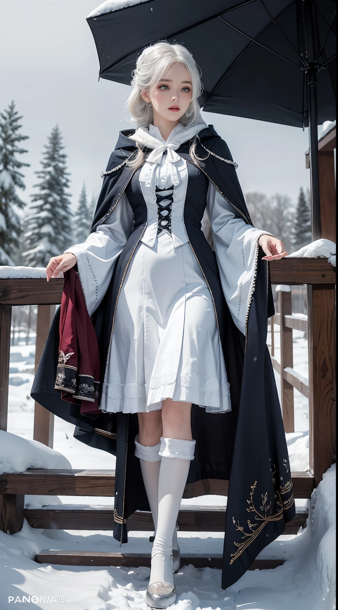 Photorealistic, high resolution, 1 Women, Solo, (Lolita costume)，Gorgeous costumes，Face the audience，The upper part of the body，upper legs， beautidful eyes, White hair, ringed eyes, (outside，Heavy snowfall，Cloak，Cover with snow)，snowfield