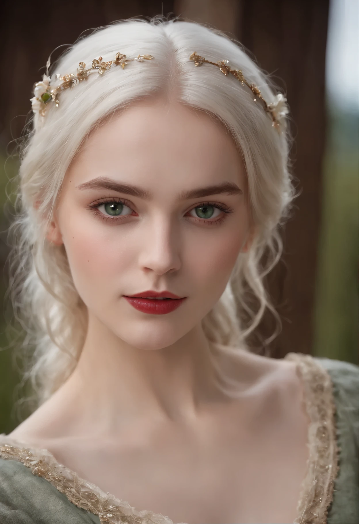 (((a deep reddish wound crosses her left cheek))) fair complexion, woman around 19 years old, natural white hair, distinctive green eyes, wearing kohl, slender and graceful, beautiful, candlelight in a medieval setting, ultra sharp focus, realistic shot, medieval female clothes, tetradic colors (scar:1.4)