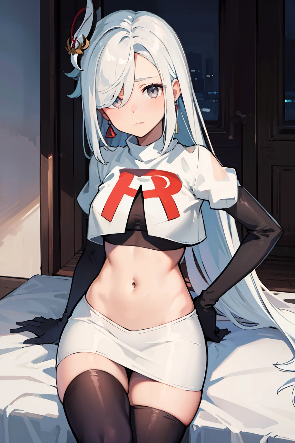 masterpiece, best quality, shenhe \(genshin impact\),hair over one eye, grey eyes, long hair, 1girl, solo, earrings, hair ornament, team rocket,team rocket uniform, red letter R, white skirt,white crop top,black thigh-highs,black elbow gloves