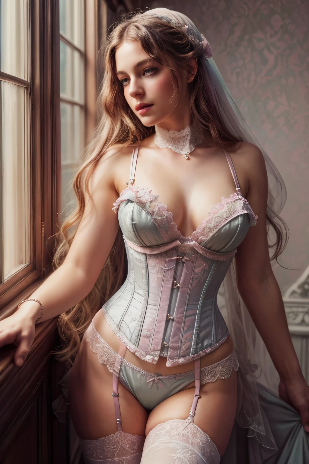 Realistic, (masterpiece:1.4, best quality), (intricate details), unity 8k wallpaper, ultra detailed, (pastel colors:1.3), (lace) underwear and corset, beautiful and aesthetic, 1girl, detailed, solo, Victorian mansion