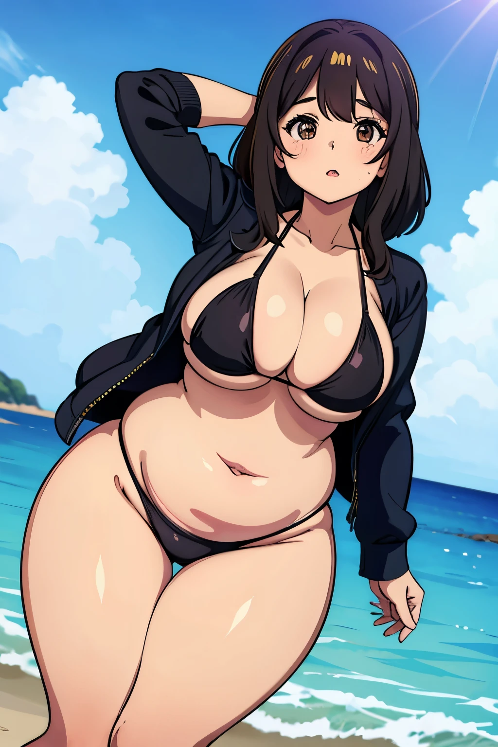 Plump girl dog black hair brown eyes more plump bikini