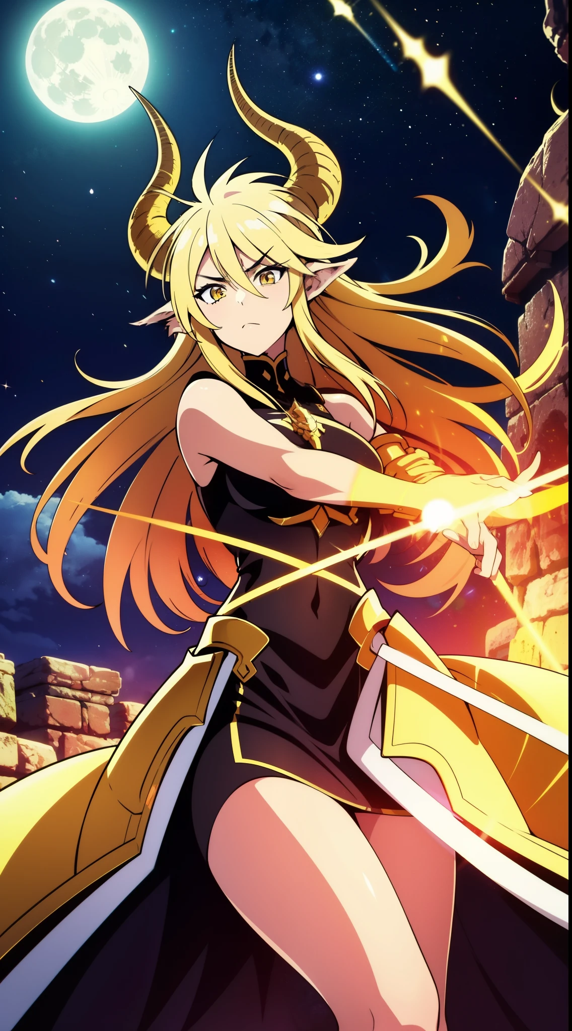 1girl,20s,beautiful girl,horns,long hair,cathyl hair,light blonde hair,gold armor,holding a golden sword,yellow eyes,,Ray Light Glow Lens Flare,((night,night sky,full moon)),serious,battle pose