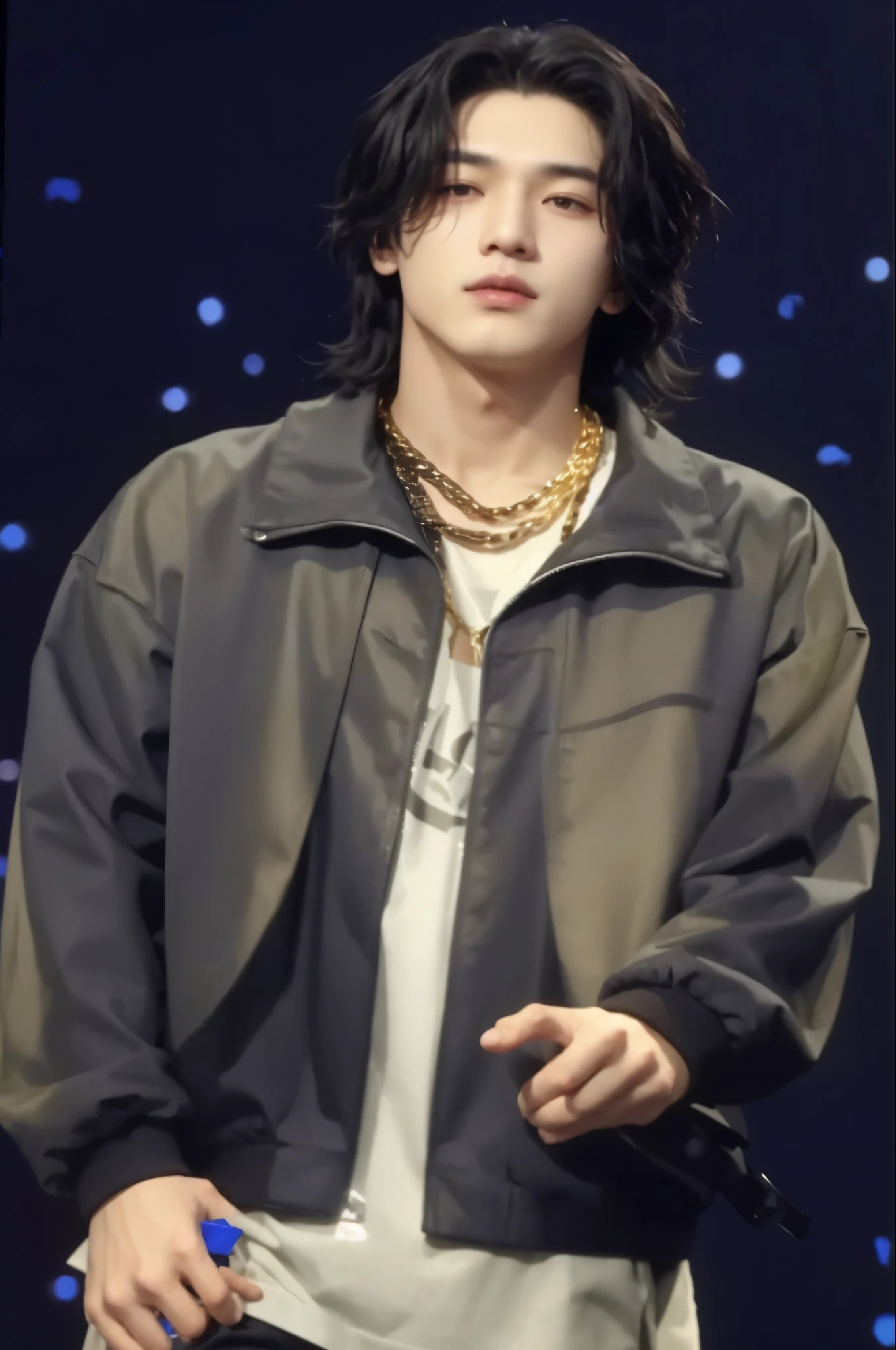 Arafed Asian man with a black jacket and a gold chain, taken at the beginning of 2020, Cai Xukun, com seus longos cabelos negros, Kim yoongi, hyung suga, brilhante da chuva, Yoongi de cabelo preto, inspirado em Bian Shoumin, Kim Doyoung, Jinyoung Shin, yoongi, Jungkook, Parque yoongi bts