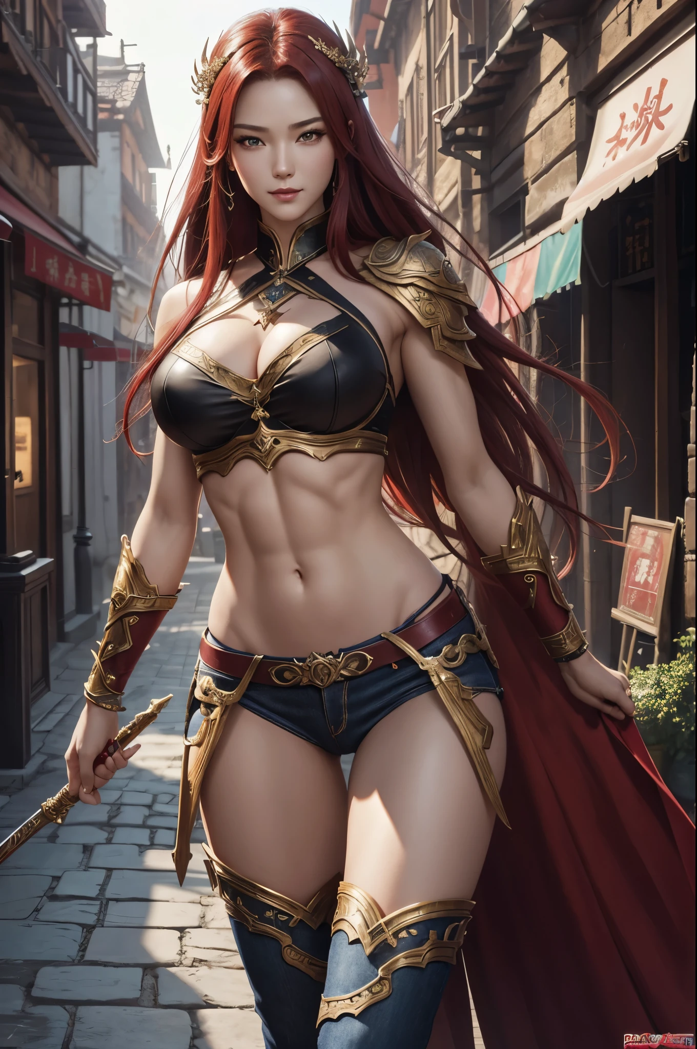 8k,Goddess close-up, gorgeous big breast costume, Sexy超美人(like the real thing)goddess of war,slender body,muscular woman,smile,kind eyes,beautiful long red hair,strongly cracked abdominal muscles,Sexy,highly detailed art germ, Alexandra Fomina Art Station, 2. 5d cgi anime fantasy artwork, fan art best art station, great character art, Kushart Krenz Key Art Feminine, Chengwei Pan at Art Station,Super high resolution,fantasy art,strongly cracked abdominal muscles,muscular thin legs,very big breasts,medieval shopping street,red and white casual wear.black jeans,