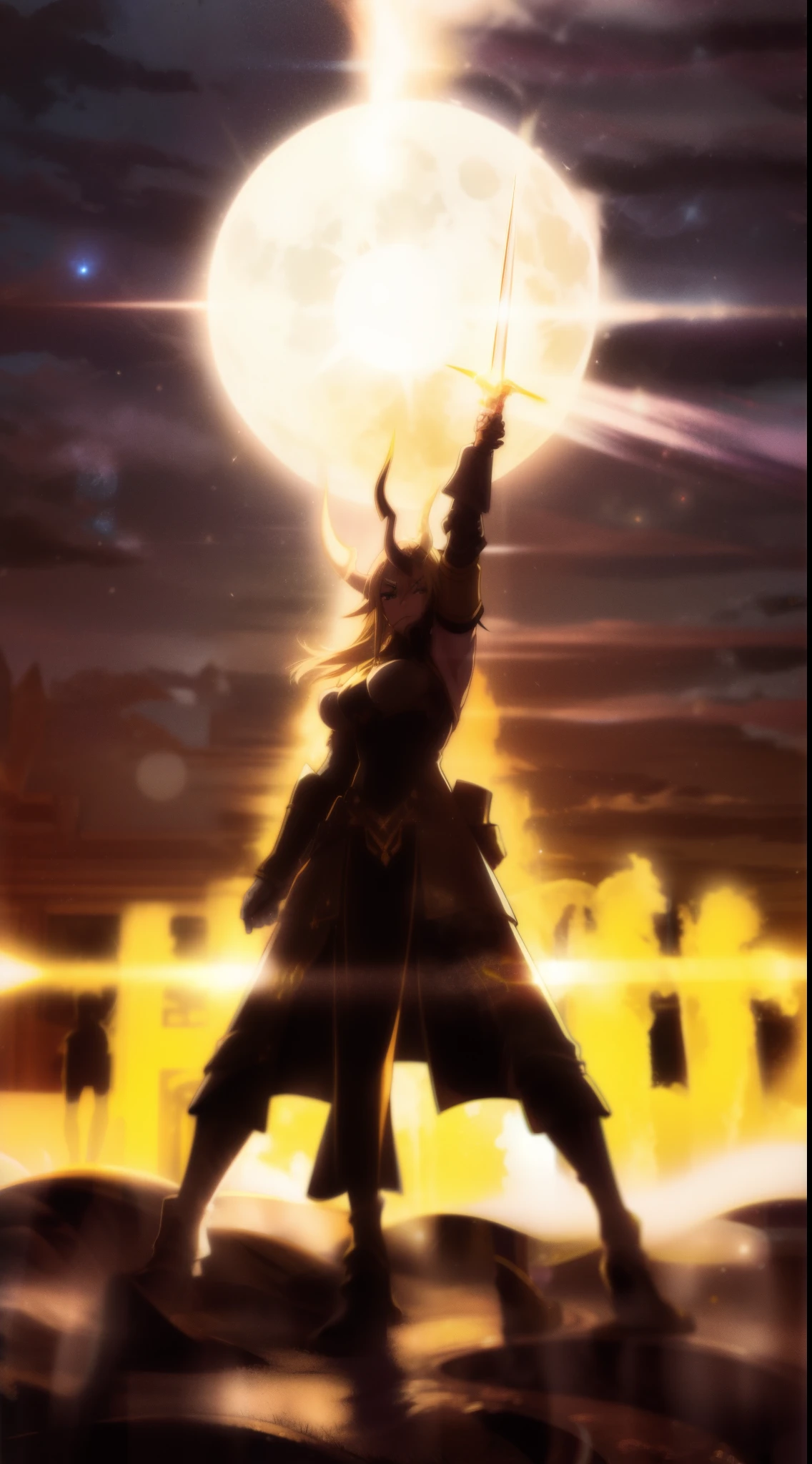 1girl,20s,beautiful girl,horns,long hair,cathyl hair,light blonde hair,gold armor,holding a golden sword,yellow eyes,,Ray Light Glow Lens Flare,((night,night sky,full moon)),serious,battle pose
