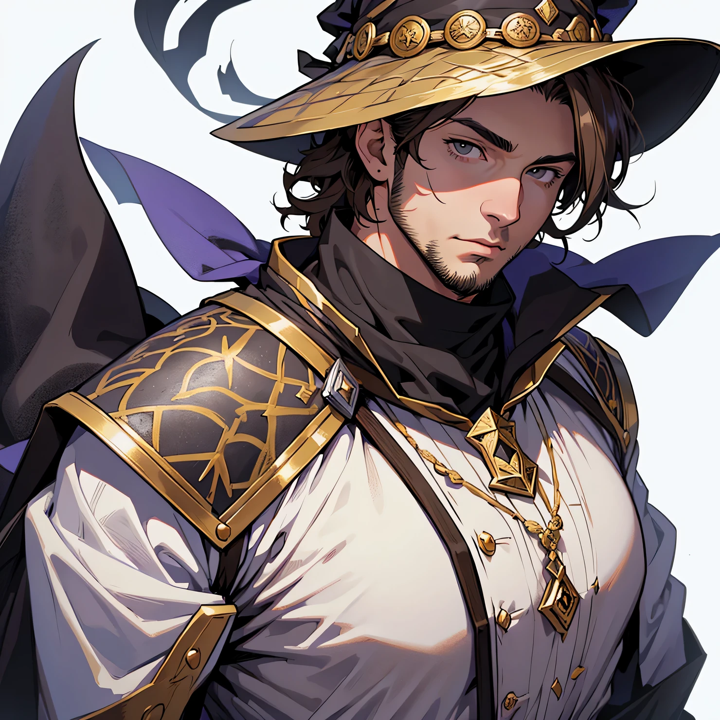medieval anime art, masterpiece, best quality, only one person, male, solo, upper body portrait, detailed composition, detailed eyes, white background, short brown quiff hair, black eyes, wizard, stubble, stud, wearing magical mage clothes and witch hat, burly, chizzled