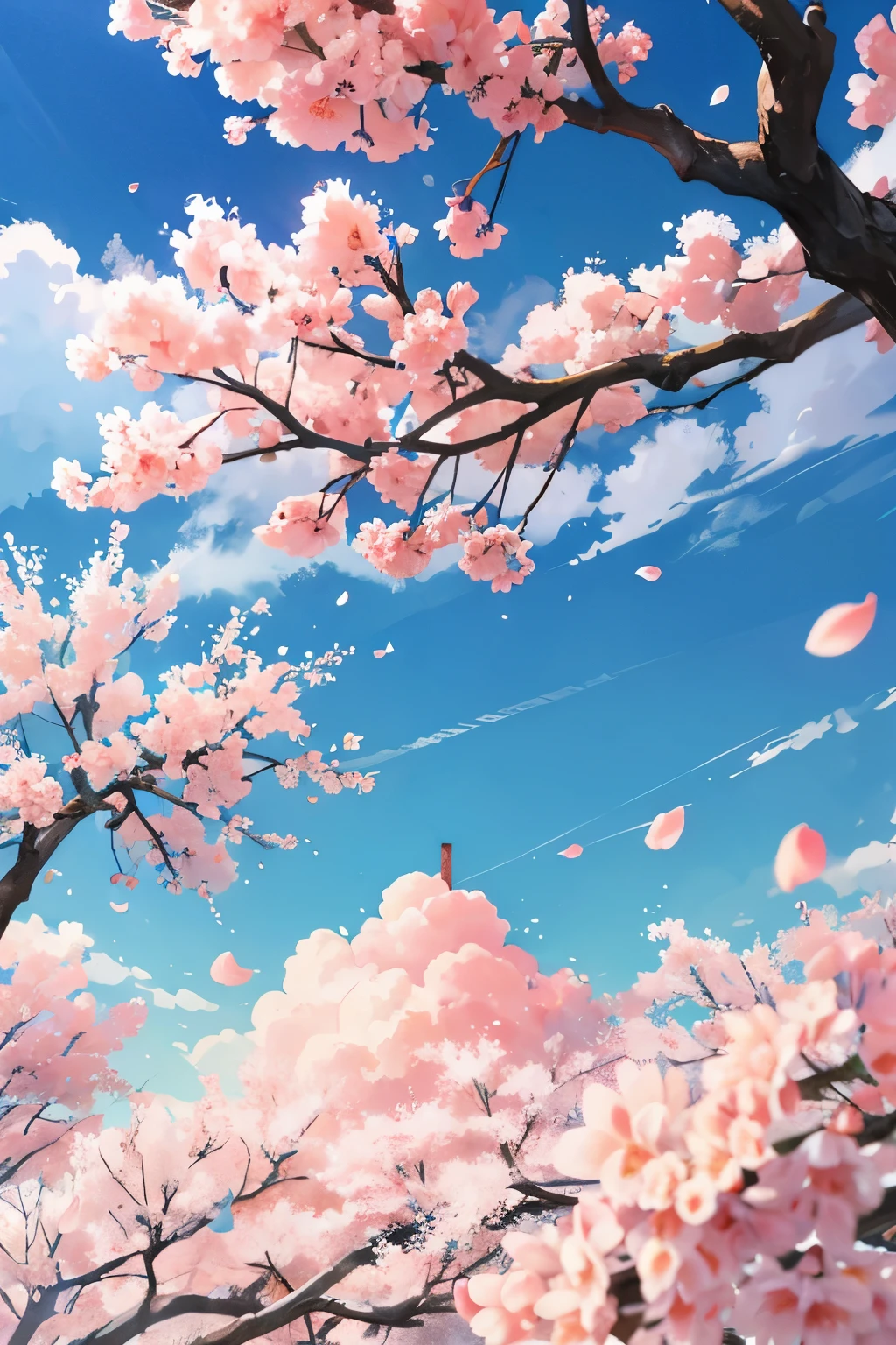 The foreground shows large branches occupying a large area,Large peach blossom tree in medium shot,falling petals,big scene,Blue sky in the background,There is a little white cloud,no one