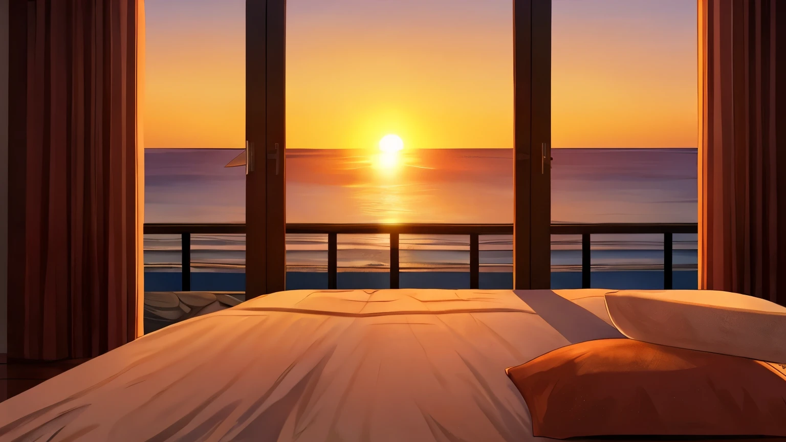 room, room, bed with curtains, window, window with sea view, sunrise, beautiful sunrise