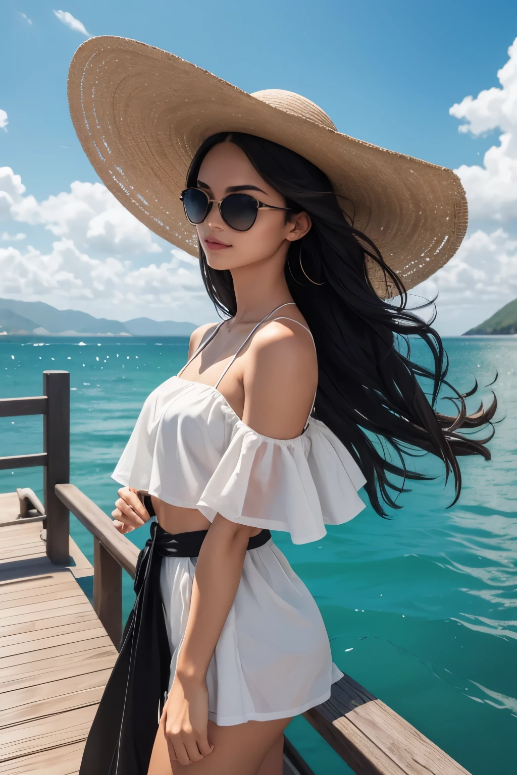 Jet-black shoulder-length hair flows in loose waves, framing her face like a cascade of dark silk. With a toned and athletic body type, Jade exudes confidence and allure. https://image.cdn2.seaart.ai/2024-02-04/cmvqpide878c73ck5kjg/0d590f662fb17cb3aec5b451dbf89089c233cbe9_high.webp Jade stands at the edge of a picturesque dock, overlooking a tranquil lake or ocean. In the background, a sailboat waits patiently, its crisp white sails billowing in the breeze. Jade is dressed in a casual yet chic outfit, complete with a wide-brimmed hat and sunglasses, exuding confidence and excitement for the journey ahead. The image captures the sense of anticipation and wanderlust, inspiring viewers to embrace adventure and seize the day.