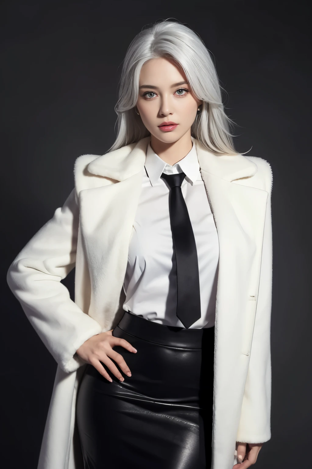 Photorealistic, high resolution, 1 Women, Hips up, Beautiful eyes, White hair, ringed eyes, Collared shirt,black necktie,Black skirt, pencil skirts, Fur coat