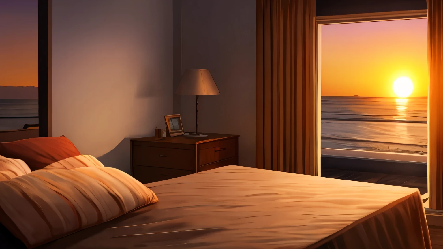 room, room, bed with curtains, window, window with sea view, sunrise, beautiful sunrise