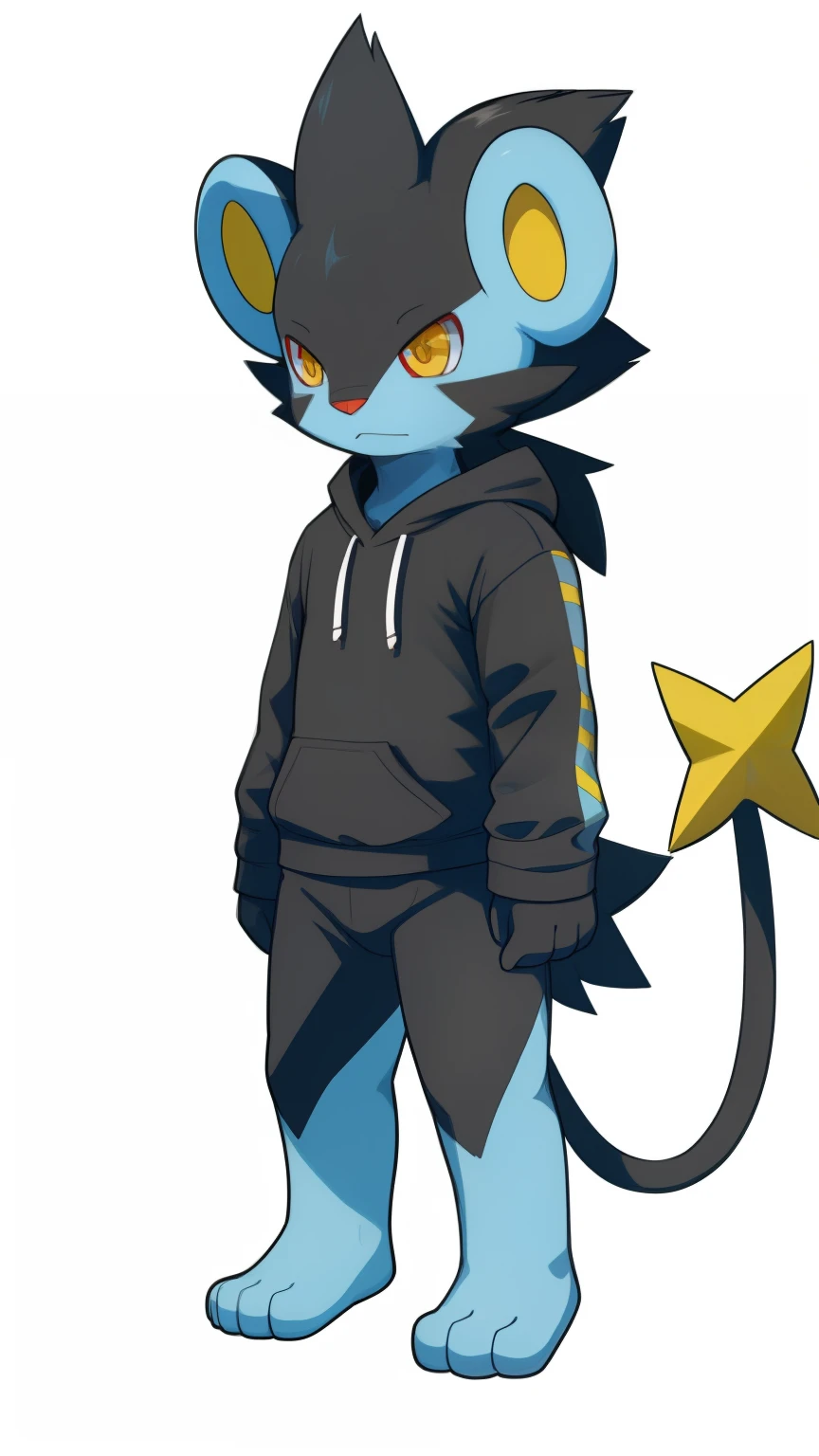 luxray, Thighs bent, hands on hips, anthro, anthro, anthro, anthro, tachi-e, hanging in the air, humanoid, juvenile, juvenile, juvenile, juvenile, juvenile漫画, kemono shota, Gray sweatshirt, vertical painting, Humanoid, White background, alone, yellow eyes, red sclera, (posture:1.3), (摆posture:1.3), (soft shadow), 4K, Empty, ((deTailed face, (deTailed eyes:1.0), deTailed)), By Zachary 911, by zavus, (by making friends:0.5), wild, Tail