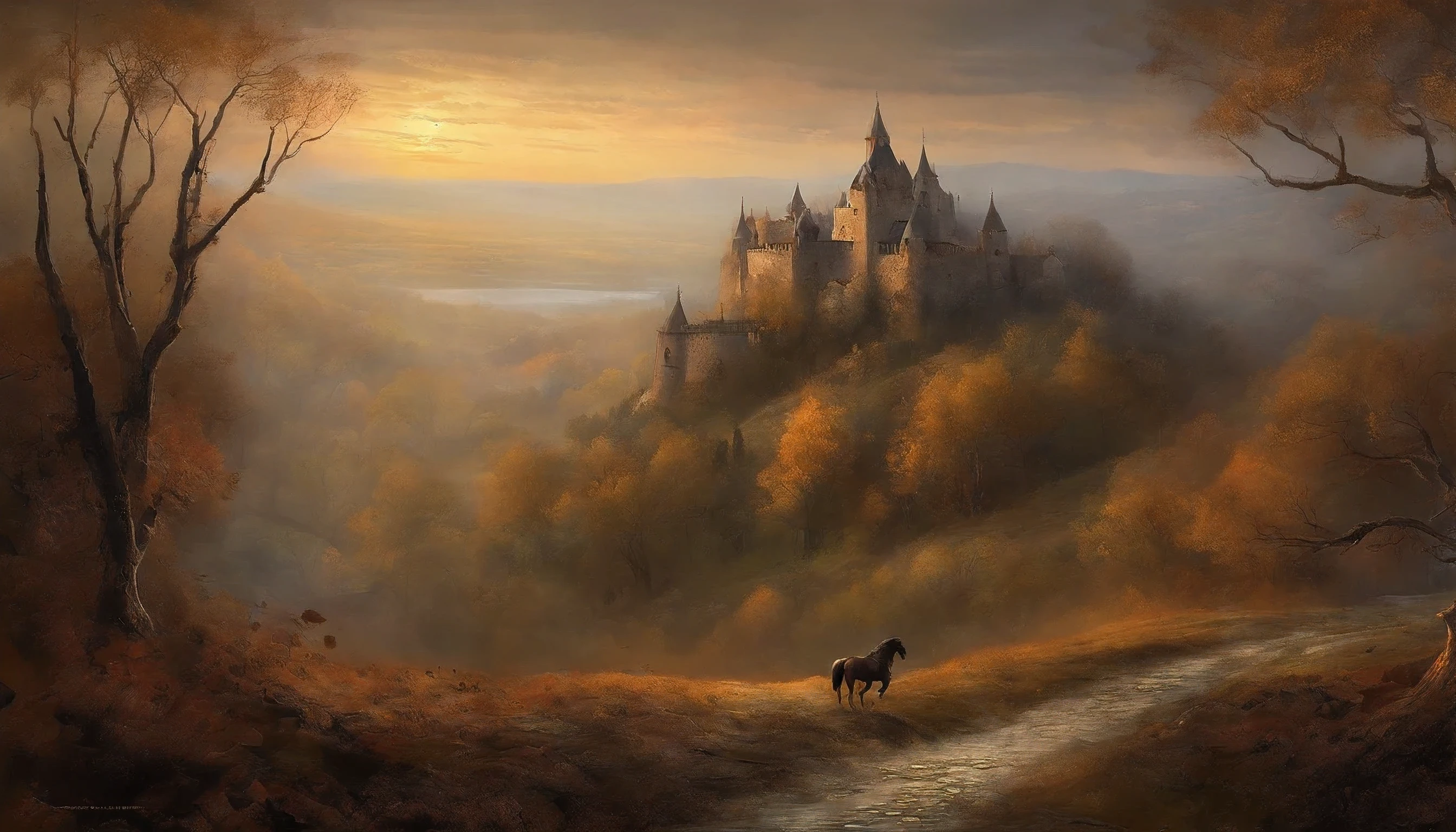 Through the sepia tone filter of age emerges a windswept landscape captured in ethereal dusk light. Rolling emerald hills stretch to the misty horizon, dotted with thatched roof peasant cottages trailing tendrils of hearth fires. Wild horses with flying manes roam the countryside in muted tones. Looming overhead are the crumbling stone walls of a medieval castle, banners limp in the faint autumn breeze.
Perched along the ramparts in crisp silhouette, raven hair whipping as a dark vision, is a lone female warrior garbed in leather and roughspun silk. Voluptuous curves fill the frame as she gazes broodingly over the valley kingdom stretching picturesquely beneath an amber sky. Her eyes glint obsidian as the last rays filter through the gnarled branches of guardtree sentinels twisted by time along the parapets where she stands.
Mists rise slowly from the brooks and dells between forested hamlets glowing with firelight. The dark song of a distant symphony haunts the hills. Movement stirs below as a muscular steed, mane flowing untamed, emerges from shadowed woods behind the fortress and paces sensually across the forgotten battlegrounds now at rest.
The entire scene seems paused in memory - once vibrant, now faded like the lone guardian who watches silently over all until the last muted colors melt into nightfall leaving only her raven form etched against the dreaming landscape.