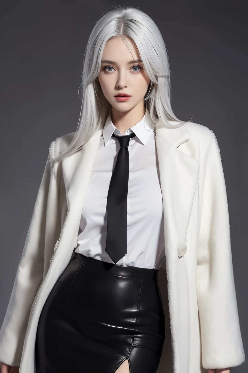 Photorealistic, high resolution, 1 Women, Hips up, Beautiful eyes, White hair, ringed eyes, Collared shirt,black necktie,Black skirt, pencil skirts, Fur coat