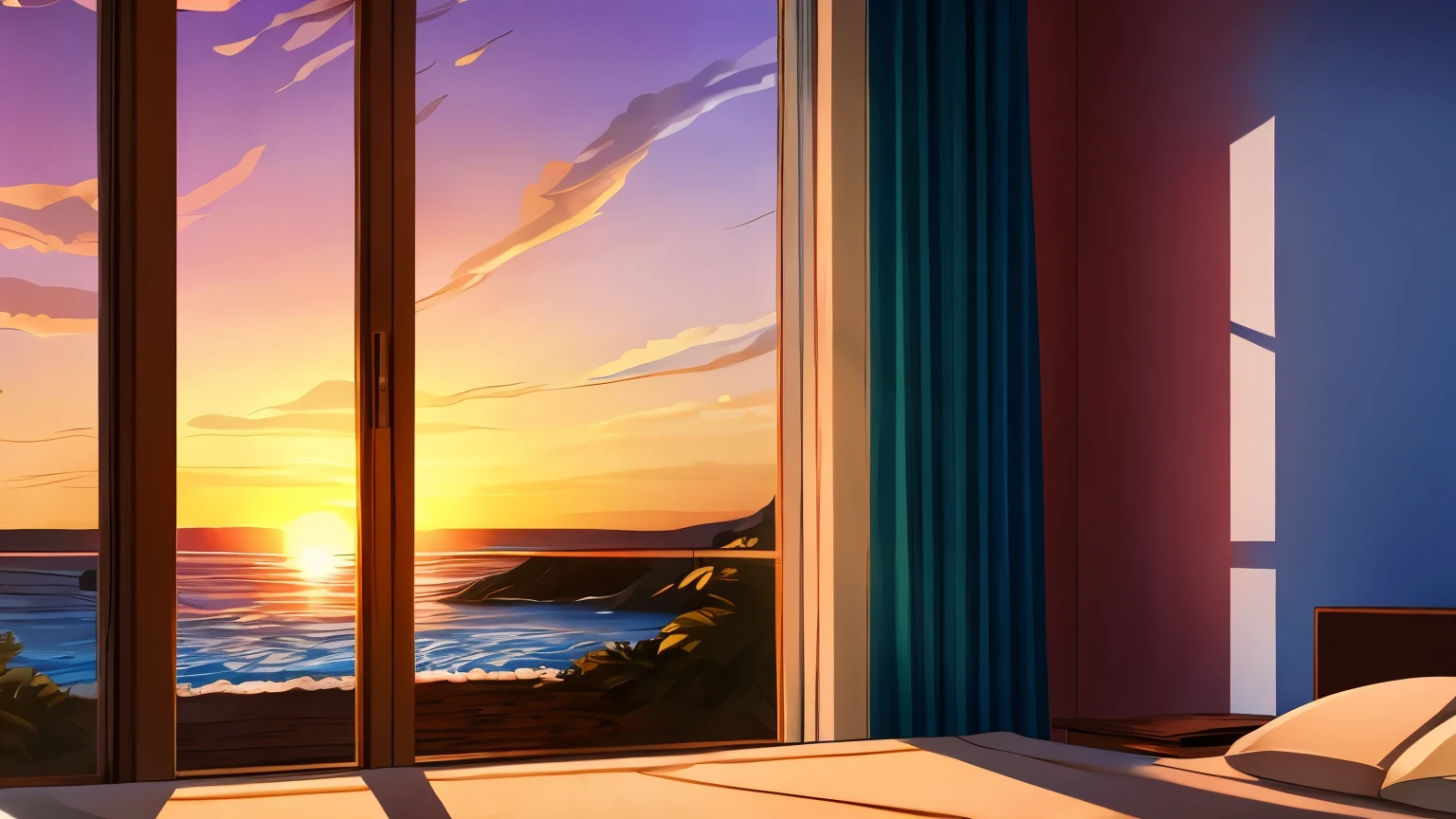 room, room, bed with curtains, window, window with sea view, sunrise, beautiful sunrise