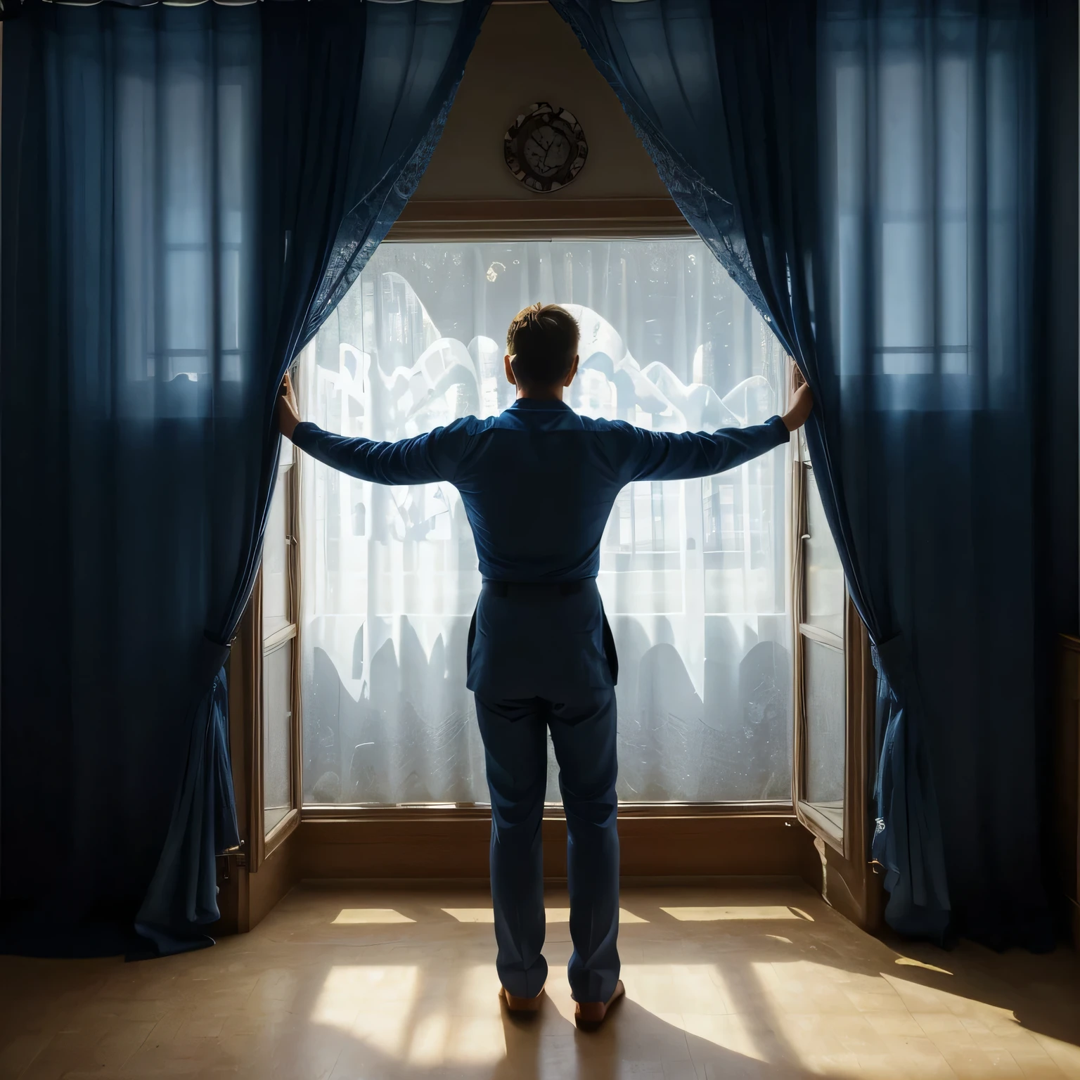 A man closes the window with blue curtains.