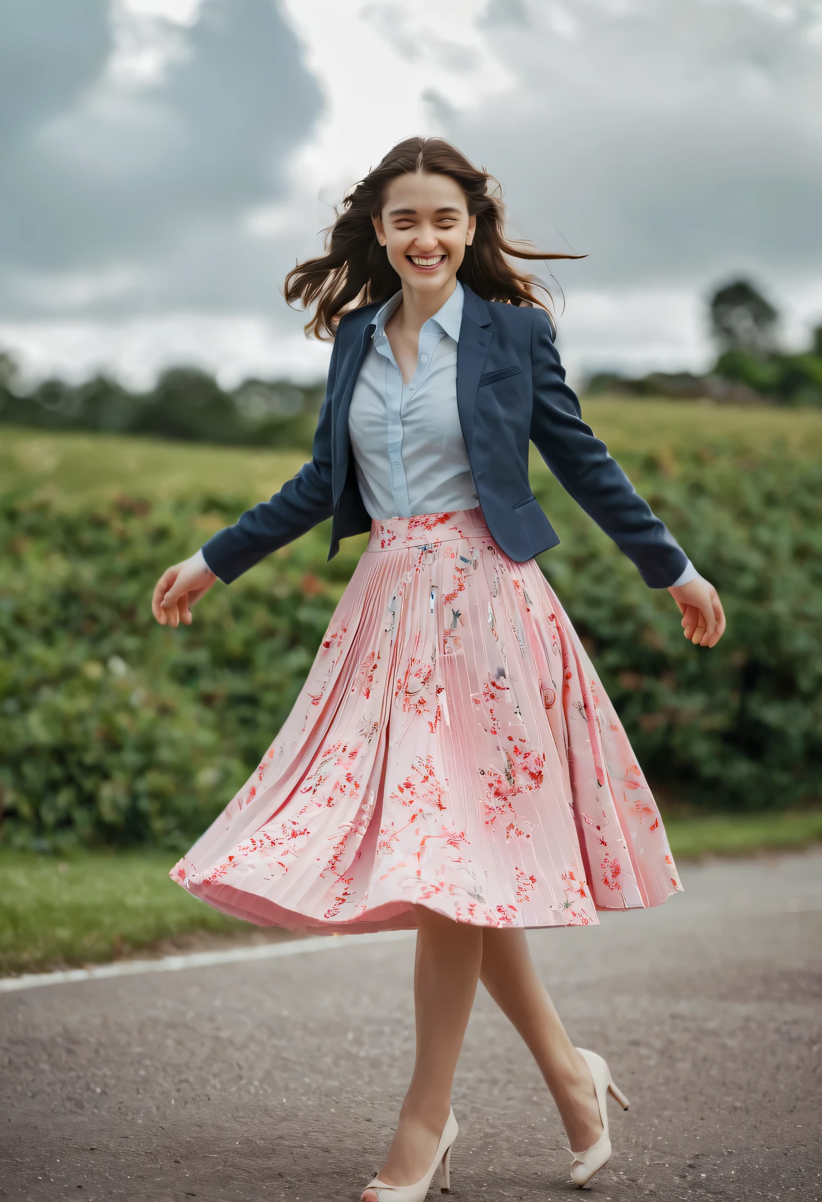 A smiling, authentic, (shy:1,3), kind, beautiful woman, is passionately in love with her skirt, while wind lifts her skirt, wearing short blazer and very very detailed (long (fully pleated) full circle skirt) and (low heeled court shoes), very very intricate hyper-detailed symmetric (attractive graceful young feminine face) with (sad, tired eyes and a loving smile), large breasts, full of empathy and compassion and love, (pronounced (feminine) features), (highly detailed ultra accurate realistic) hands and fingers, (windy), epic composition, highly detailed attributes, (35mm f1.4 Kodak portra 400 photograph), extremely high quality RAW photograph, highly detailed atmosphere, sci-fi, cinematic shot, dynamic lighting, 75mm, Technicolor, Panavision, cinemascope, sharp focus, fine details, 8k, HDR, realism, realistic, key visual, film still, superb cinematic color grading, depth of field