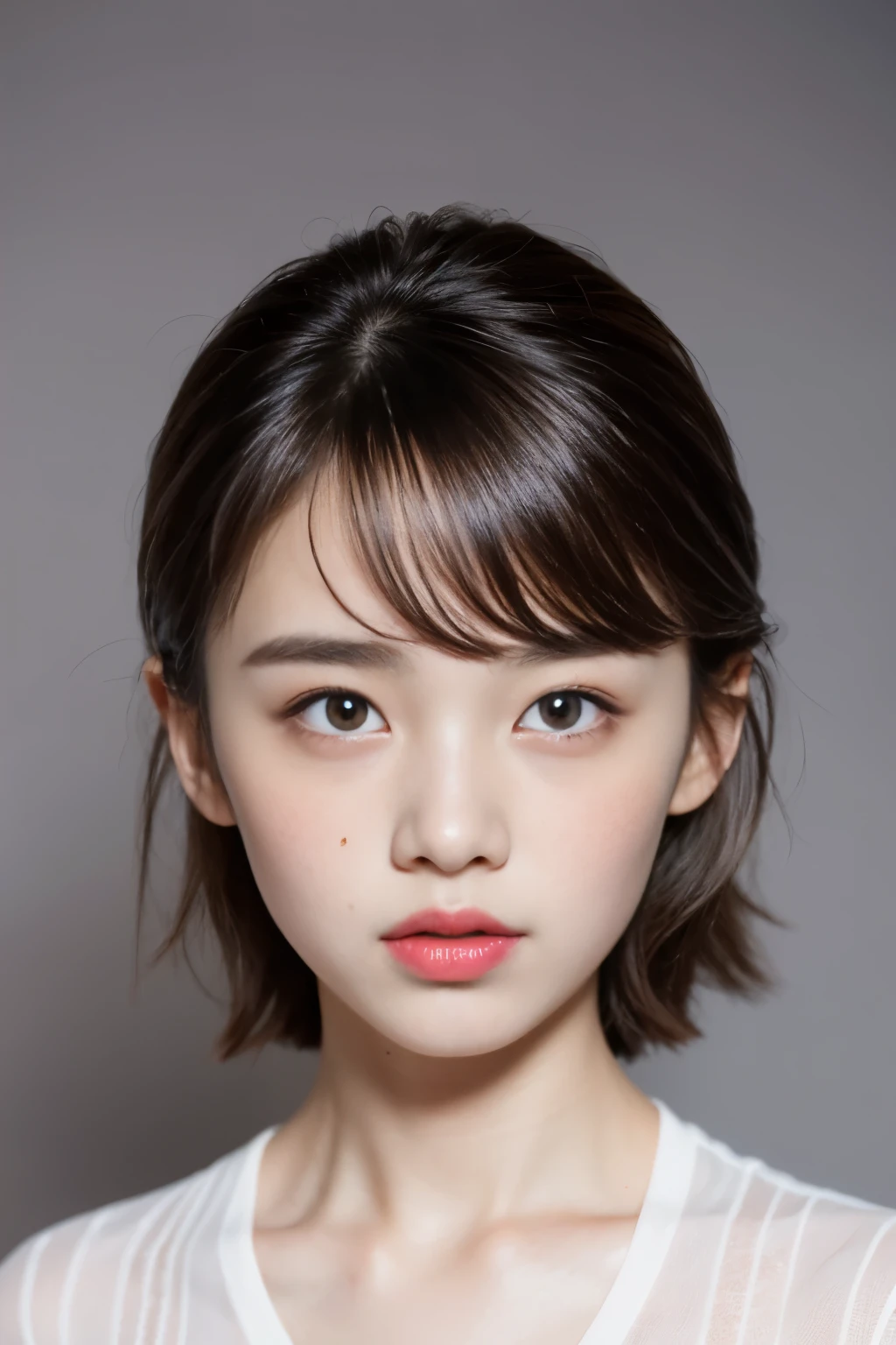 Girl, 14 years old, beautiful, Chinese, Asian girl, gray background, lighting, brown hair, detailed hair, short straight hair, beautiful, M, has freckles in her eyes, cute, has full cheeks, red lips