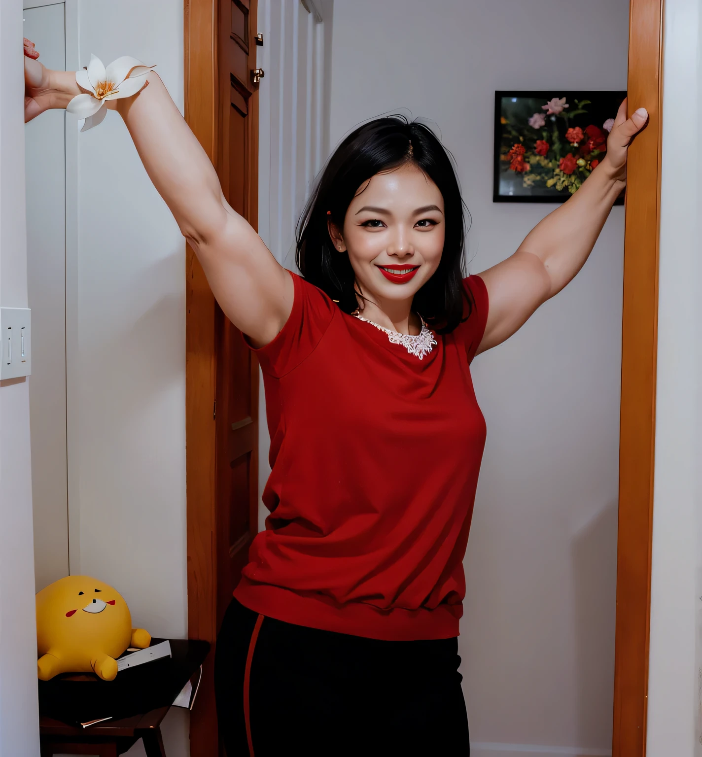 sorridente woman in red shirt standing in doorway with arms outstretched, arms outstretched, Arms up, triumphant Pose, shrinking arms, arms outstretched, pilar, Pose (Arms up + feliz), Axila, tiro de meio corpo , half-length tiro de meio corpo, Frontal Pose, open arms, with a feliz expression, posando!!, arms outstretched. Uma mulher com pele branca e cabelos escuros. ela tem cerca de 35 anos. Her slightly plump, red lips are like a delicate flower, o marrom escuro dela, olhos grandes e encantadores parecem conter um mundo de maravilhas. Corpo fino. cintura fina. Your body exudes glamor and your face is the definition of beauty. Teste, altamente realista, Pele avermelhada, lindo, slightly full lips, batom vermelho, sorridente, feeling of lightness and joy, hiperrealismo, pele muito elaborada, olhar direto. foto de corpo inteiro, foto clara, alta qualidade, high resolution, obra de arte, 8K.