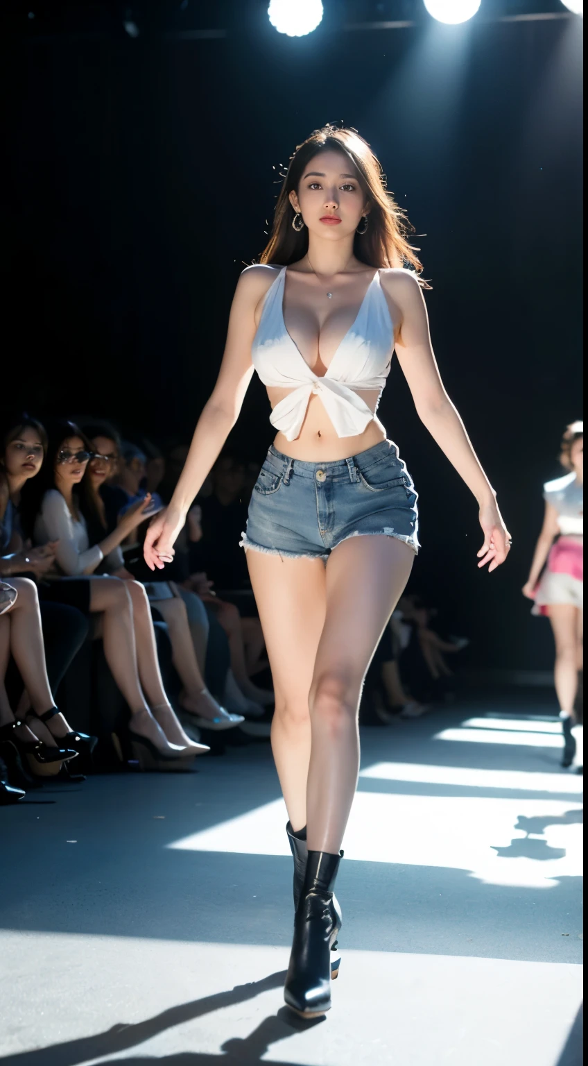 nsfw, 8k, best quality, highres, realistic, real person, A dynamic scene of a female model walking confidently down a runway, surrounded by a large audience under bright lights. The model is elegantly dressed in a high-fashion outfit, with the spotlight focused on her. She exudes confidence and grace as she strides forward. The audience is captivated, and the atmosphere is vibrant and glamorous, capturing the essence of a high-end fashion show. Turquoise jewelry, denim shorts, ankle boots, Big breasts, cleavage, beautiful legs, long beautiful legs, beautiful waist, exposed belly button