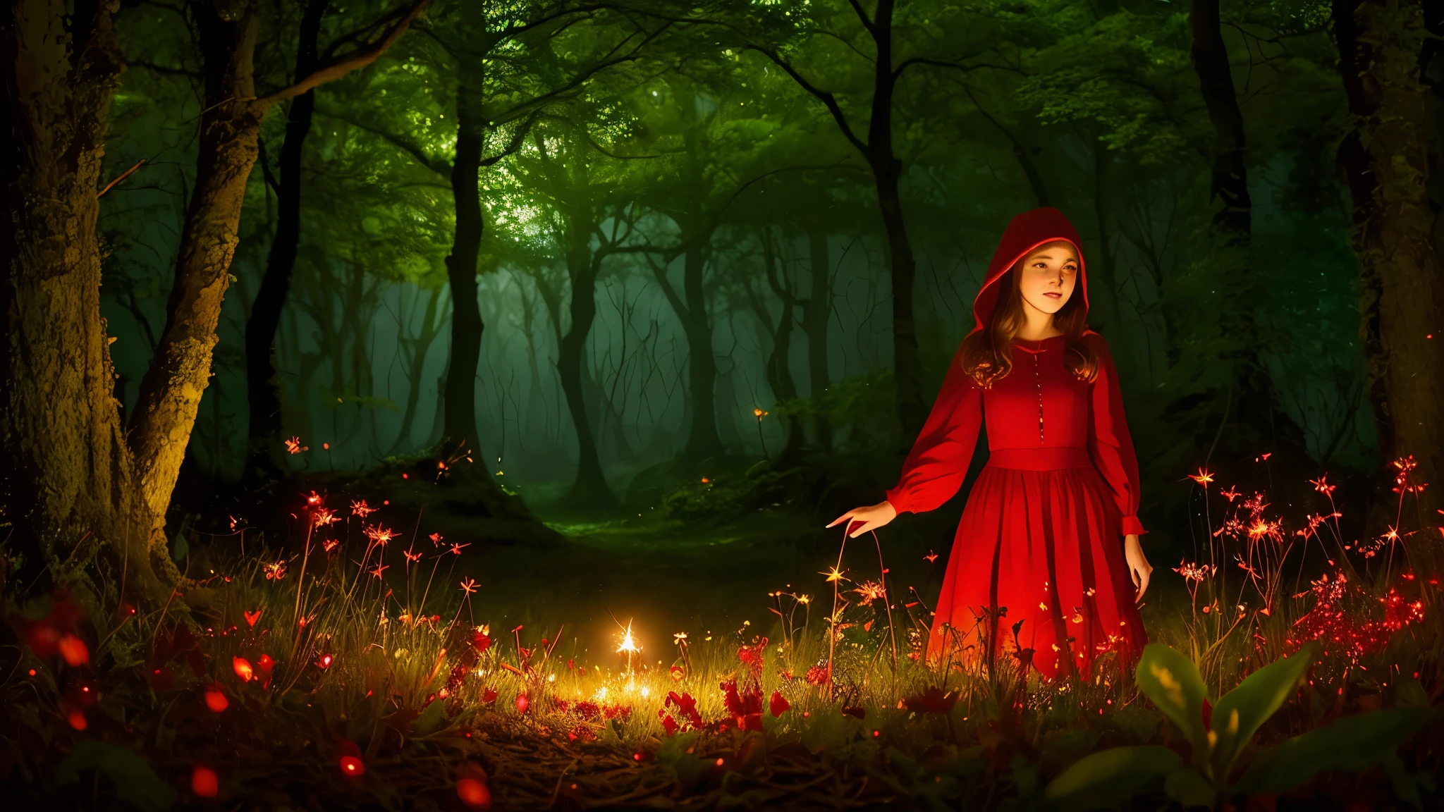 um close de uma mulher com uma capa vermelha em uma floresta, image looking backwards, olhando para cima, vestido com uma linda capa vermelha, Chapeuzinho Vermelho, fantasy fairytale story, little Chapeuzinho Vermelho, thief Chapeuzinho Vermelho, capa de romance de fantasia para jovens adultos, composition with many fireflies in depth of field, magical fantasy enchanted forest, magical and mystical, magical realism and dark fantasy, enchanted and magical forest, inspirado em Dorothy Hood