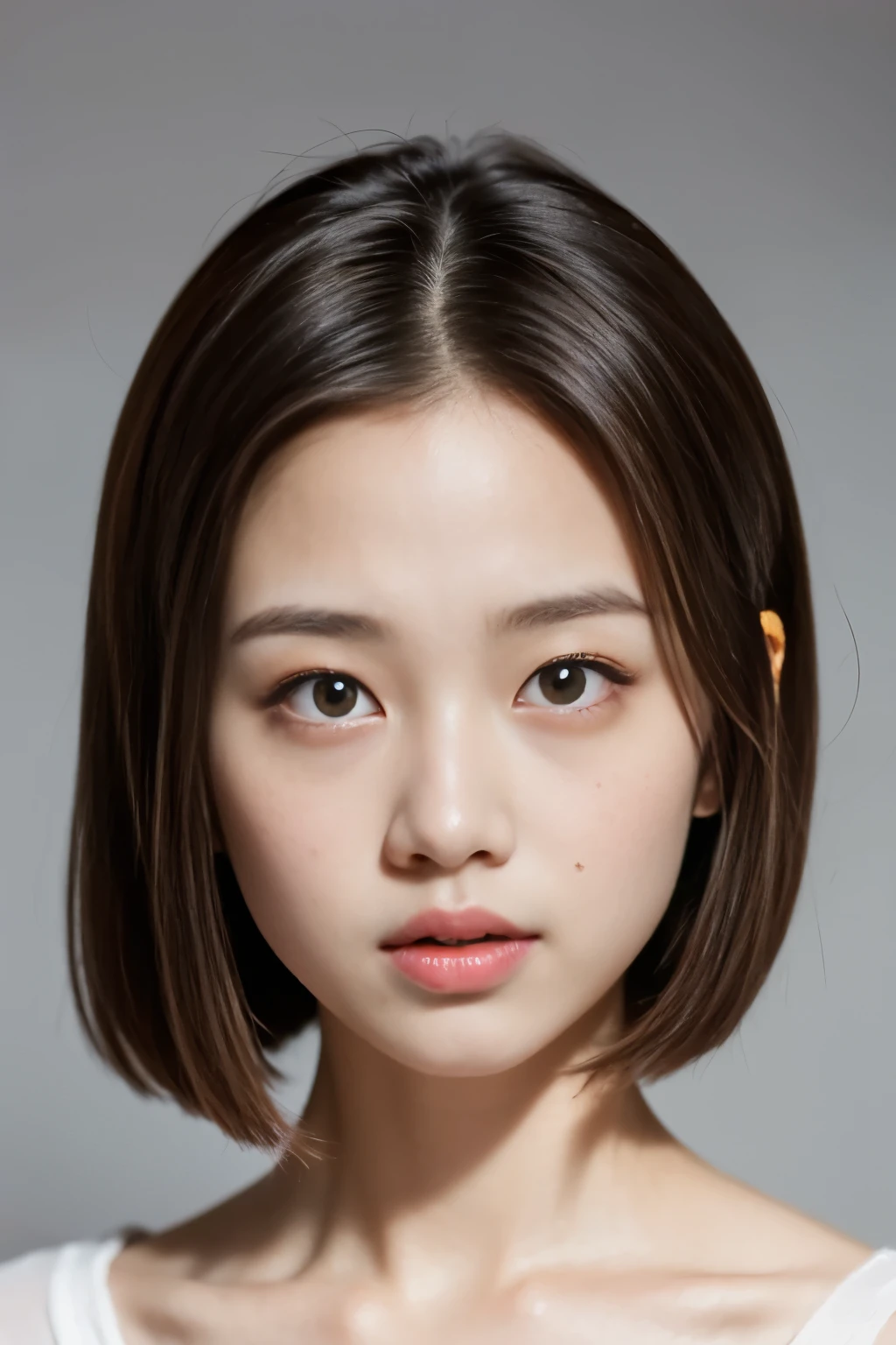 Girl, 14 years old, beautiful, Chinese, Asian girl, gray background, lighting, brown hair, detailed hair, short straight hair, beautiful, M, has freckles in her eyes, cute, has full cheeks, red lips 