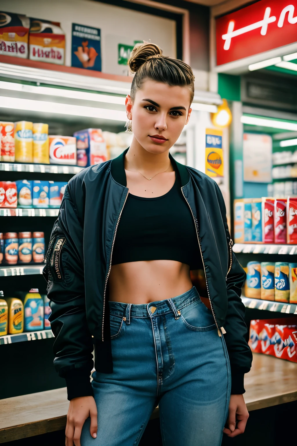 candid photography photo of a 23 year old european woman, undercut hairstyle, (half body framing), crop top, bomber jacket, jeans, convenience store, under bounced light, on a Fujifilm X-T4