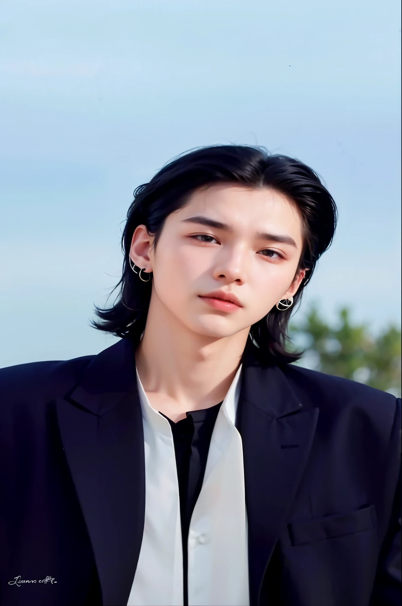 imagem de um homem com terno preto e camisa branca, Cai Xukun, Hsiao-ron, kpop idol portrait, yoongi, inspirado em min yoongi, inspirado em Zhang Han, jia, taejune kim, hyung tae, handsome androgynous prince, young pale angel, por Yang J, Hong junho hyung