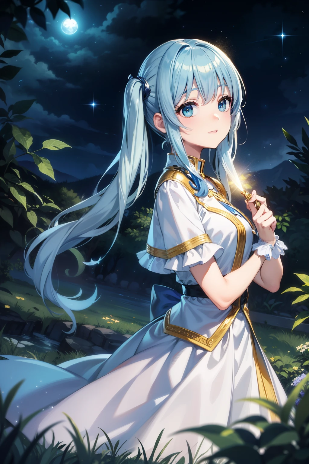 ((super detailed)), ((Best Illustration)), ((movie lighting)), dynamic angle, floating, Are you okay, (flash: 1.2), (shine: 1.2), (shine: 1.2), "(highest quality), Super detailed depiction of a beautiful girl, light blue long hair、twin tails、 amazing background、fantasy、Fairy World、In the colorful forest、Surrounded by a large pure white owl and bright plants、cinematic colors、fresh, starry sky、dazzling moonlight