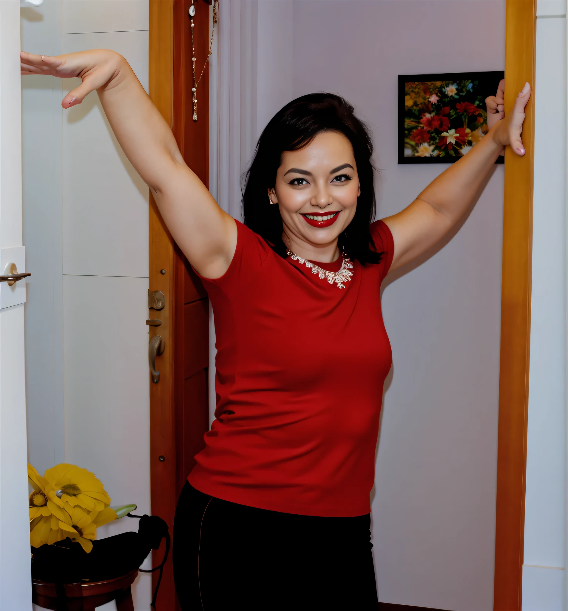 sorridente Brazilian woman in red shirt standing in doorway with arms outstretched, arms outstretched, Arms up, triumphant Pose, shrinking arms, arms outstretched, pilar, Pose (Arms up + feliz), Axila, tiro de meio corpo , half-length tiro de meio corpo, Frontal Pose, open arms, with a feliz expression, posando!!, arms outstretched. Uma mulher com pele branca e cabelos escuros. ela tem cerca de 35 anos. Her slightly plump, red lips are like a delicate flower, o marrom escuro dela, olhos grandes e encantadores parecem conter um mundo de maravilhas. Corpo fino. cintura fina. Your body exudes glamor and your face is the definition of beauty. Teste, altamente realista, Pele avermelhada, lindo, slightly full lips, batom vermelho, sorridente, feeling of lightness and joy, hiperrealismo, pele muito elaborada, olhar direto. foto de corpo inteiro, foto clara, alta qualidade, high resolution, obra de arte, 8K.