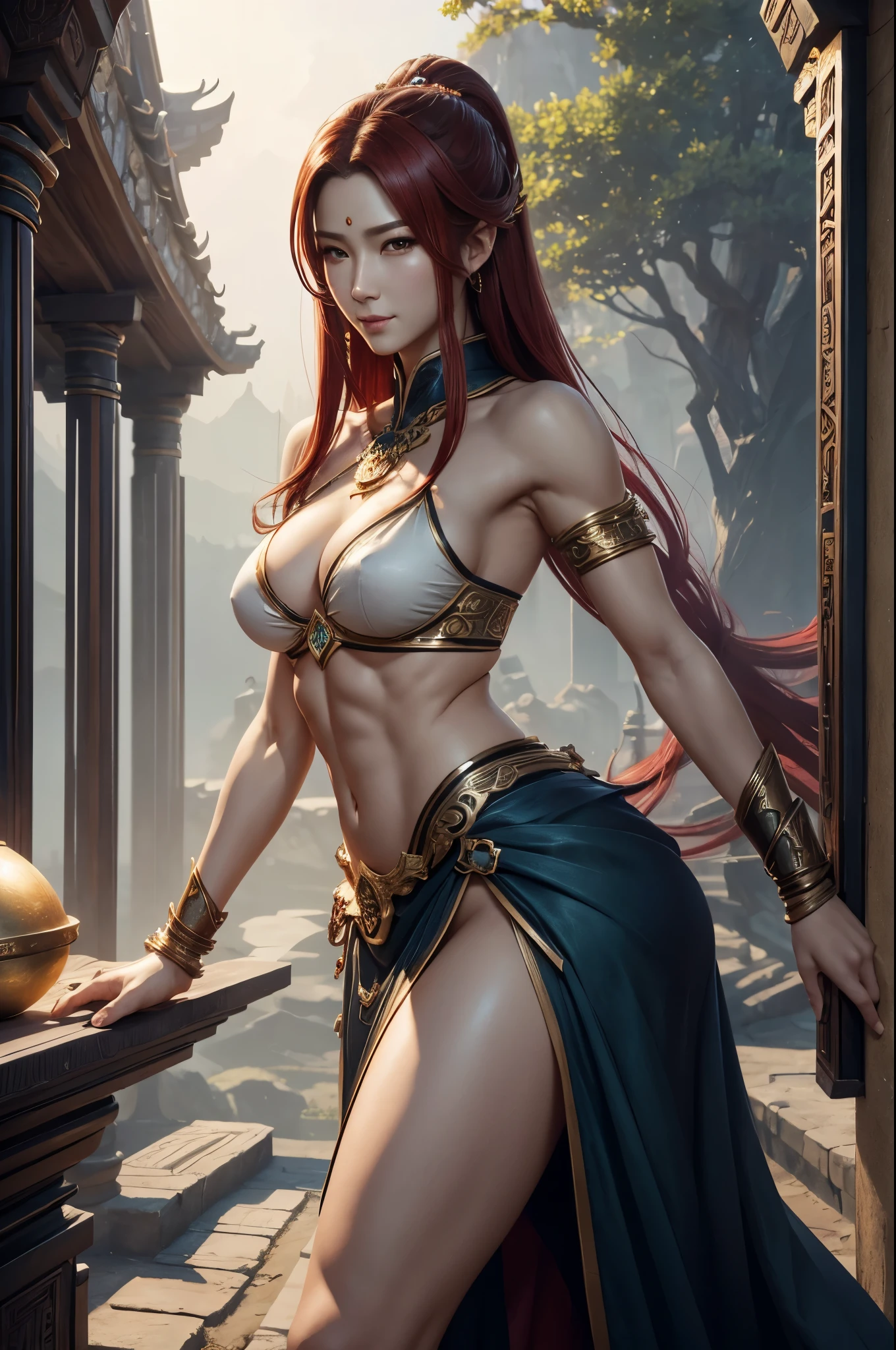 8k,Goddess close-up, gorgeous big breast dress, Sexy超美人(like the real thing)goddess of war,slender body,muscular woman,smile,kind eyes,beautiful long red hair,strongly cracked abdominal muscles,Sexy,highly detailed art germ, Alexandra Fomina Art Station, 2. 5d cgi anime fantasy artwork, fan art best art station, great character art, Kushart Krenz Key Art Feminine, Chengwei Pan at Art Station,Super high resolution,fantasy art,strongly cracked abdominal muscles,muscular thin legs,very big breasts,luxurious long skirt,Inside the temple,view audience,smile,kind eyes,beautiful expression,