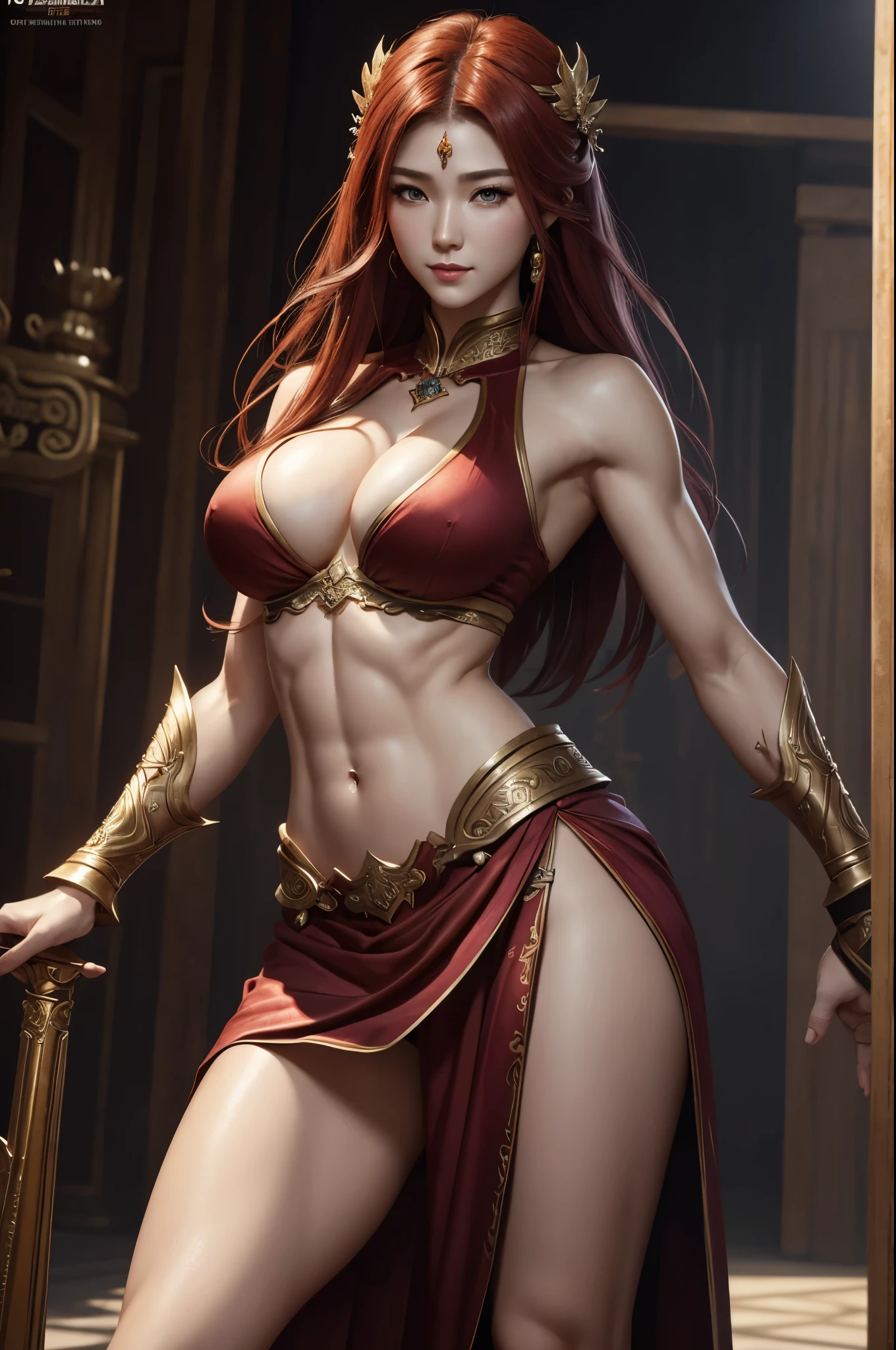 8k,Goddess close-up, gorgeous big breast dress, Sexy超美人(like the real thing)goddess of war,slender body,muscular woman,smile,kind eyes,beautiful long red hair,strongly cracked abdominal muscles,Sexy,highly detailed art germ, Alexandra Fomina Art Station, 2. 5d cgi anime fantasy artwork, fan art best art station, great character art, Kushart Krenz Key Art Feminine, Chengwei Pan at Art Station,Super high resolution,fantasy art,strongly cracked abdominal muscles,muscular thin legs,very big breasts,luxurious long skirt,Inside the temple,