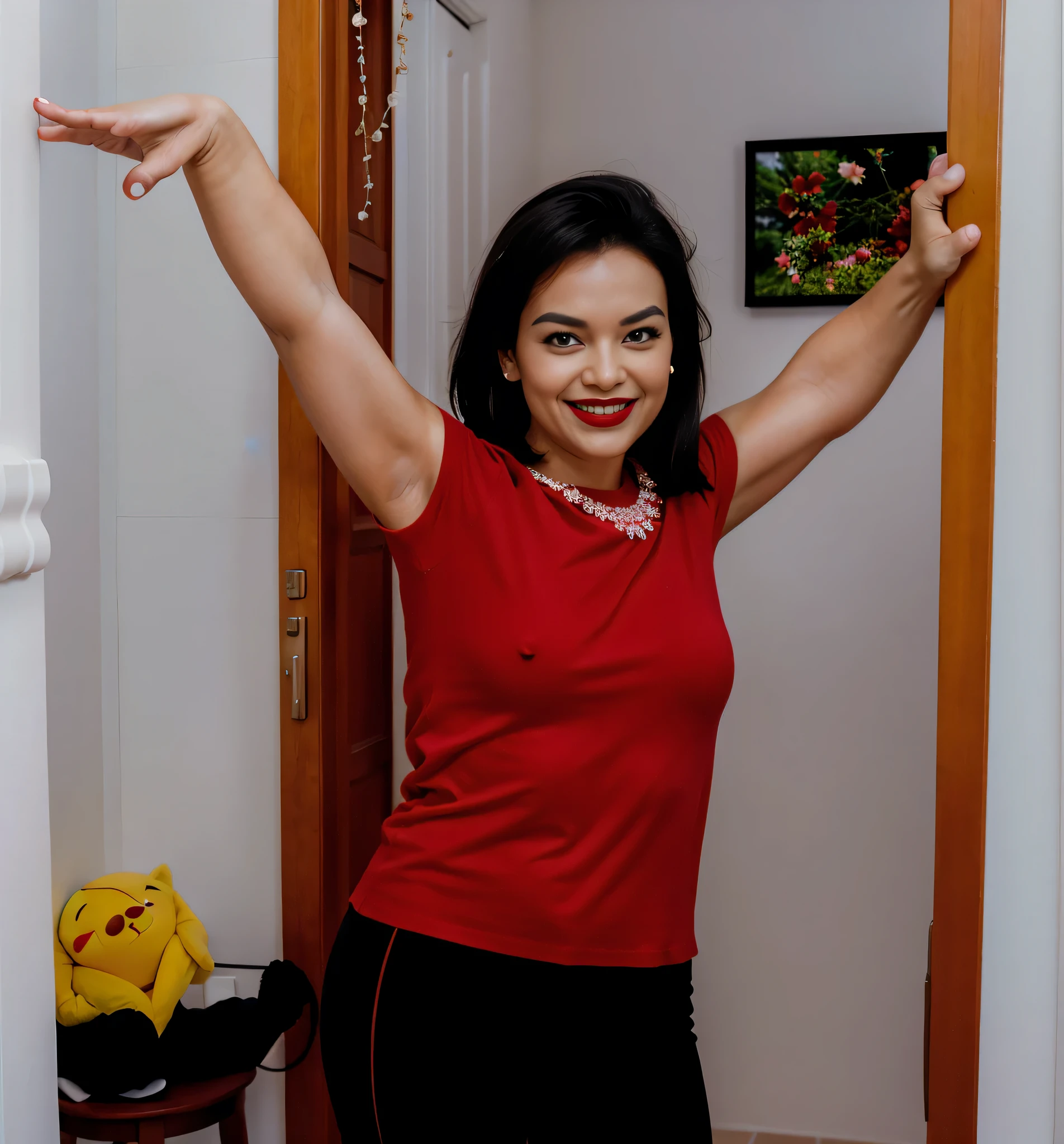 sorridente Brazilian woman in red shirt standing in doorway with arms outstretched, arms outstretched, Arms up, triumphant Pose, shrinking arms, arms outstretched, pilar, Pose (Arms up + feliz), Axila, tiro de meio corpo , half-length tiro de meio corpo, Frontal Pose, open arms, with a feliz expression, posando!!, arms outstretched. Uma mulher com pele branca e cabelos escuros. ela tem cerca de 35 anos. Her slightly plump, red lips are like a delicate flower, o marrom escuro dela, olhos grandes e encantadores parecem conter um mundo de maravilhas. Corpo fino. cintura fina. Your body exudes glamor and your face is the definition of beauty. Teste, altamente realista, Pele avermelhada, lindo, slightly full lips, batom vermelho, sorridente, feeling of lightness and joy, hiperrealismo, pele muito elaborada, olhar direto. foto de corpo inteiro, foto clara, alta qualidade, high resolution, obra de arte, 8K.