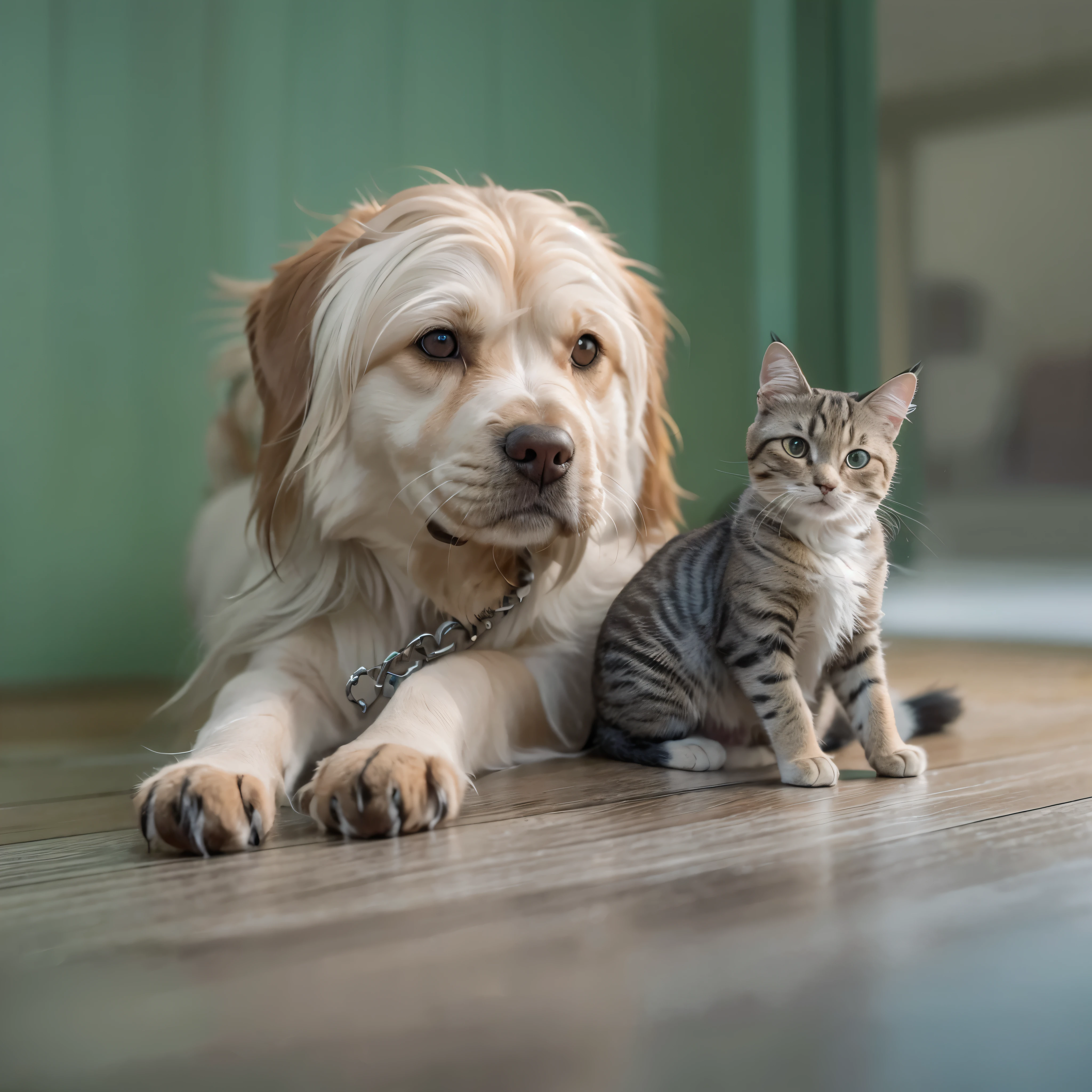 A small dog and a cat are sitting on the floor, cat dog teddy mix, Cat on top of a dog, Cat, cane, hybrid, ultra-realistic photo, pet, cat and dog licking each other, Photo taken on Nikon D 7 5 0, Photo taken on Nikon D750., shutterstock, Photo taken on Sony A7R.