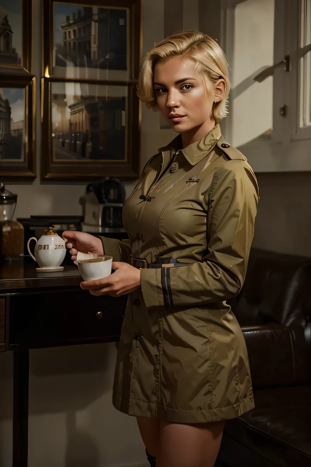 fotorealistische Dame, Alter 30, European,blonde kurze Haare, gekleidet als fotorealistischer britischer WAAF-Offizier, Kaffeetasse haltend,Stehend vor der fotorealistischen Londoner Landschaft, good quality, RAW-Foto,filmisches Material, Meisterwerk,weiter Ausblick
