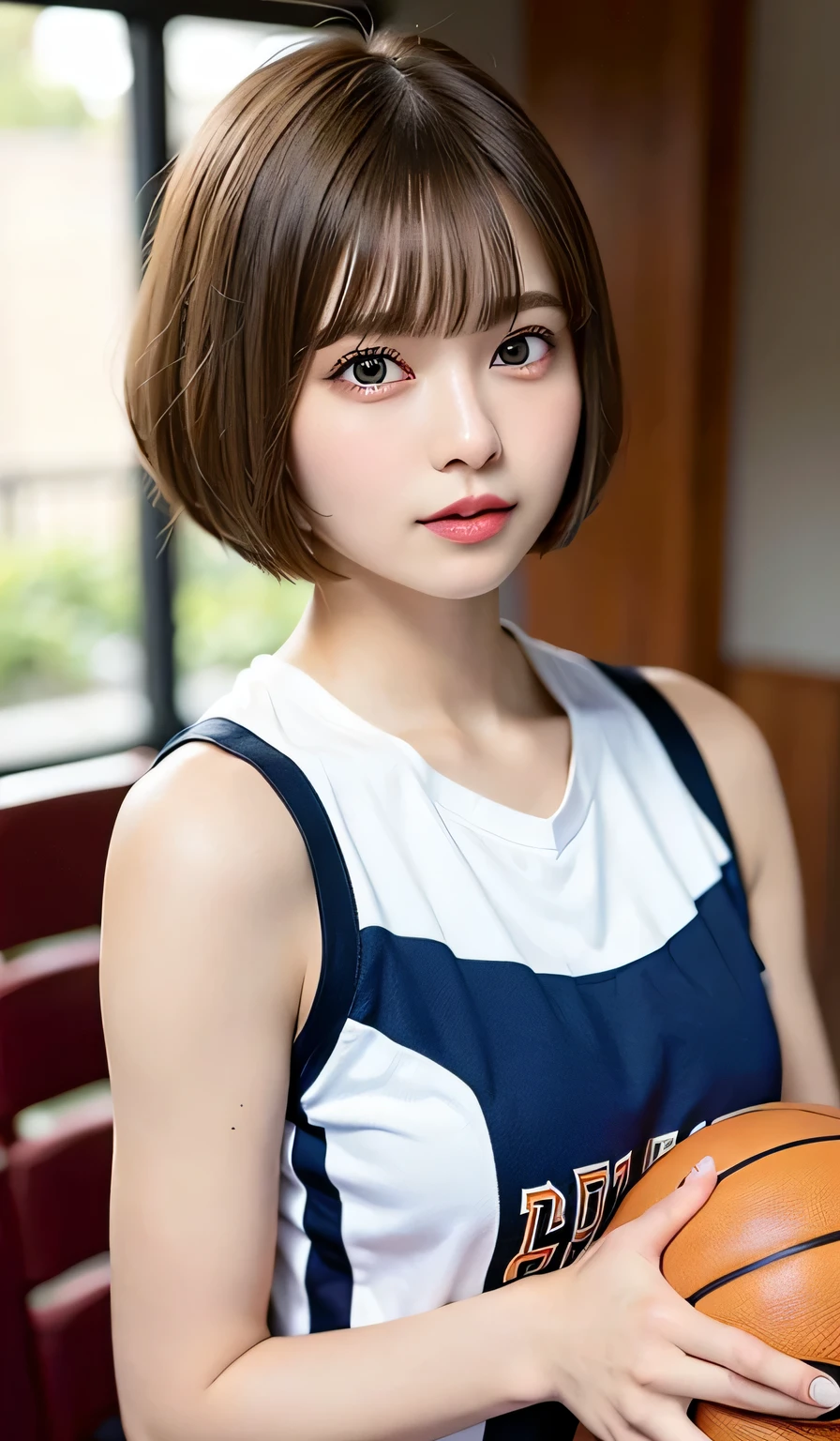 short hair,(bob cut:1.3), blonde, 1 girl, beautiful and detailed eyes, cute, professional lighting, highest quality, well-groomed face, beautiful, (basketball uniform:1.3), basketball, full,body