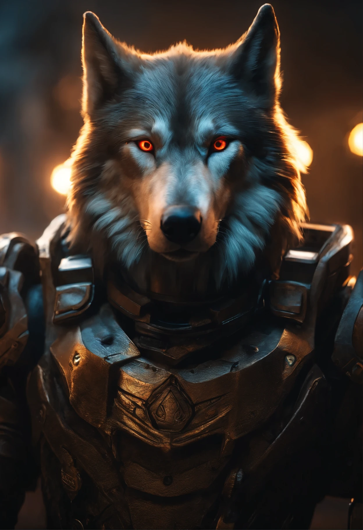 maximum quality, dramatic lighting, fierce expression, epic atmosphere, wolf head, (((tiro de corpo inteiro))),um lobo estilo cyberpunk, mechanics, ((detalhes intrincados)), hdr, ((detalhes intrincados, hiperdetalhado)) , incandescent bulbs, cinematic shot, vinheta, efeito de fundo bokeh, (caninos) Ultra HD