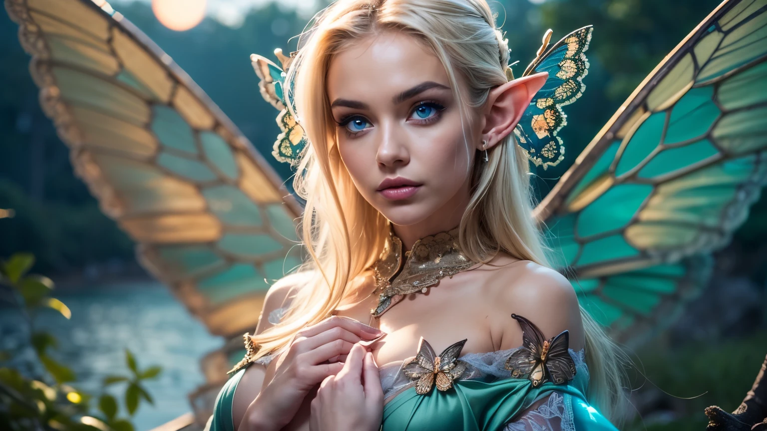 (Beautiful woman, Amazing face and eyes, makeup, detailed facial features, Glowing blue eyes, Blonde), (sexiest look), (large breasts:1.3), (realistic elf ear), (four fingers on each hand, detailed finger, proportional hands), (silk see through lace:1.3), (massive butterfly wings, detailed proportional body, thin, toned, sitting, detailed proportional legs, Spread your legs), (oak forest, calm lake, stary sky, moon light, fantasy setting, orbs), (Best Quality:1.4), (Ultra-detailed), (extremely detailed CG unified 8k wallpaper), Highly detailed, RAW Photos, Professional Photography, (:1.4), plein air, Illumination, (Super fancy photos:1.4), (Dazzling light), Radiant Photography, depth of fields, 