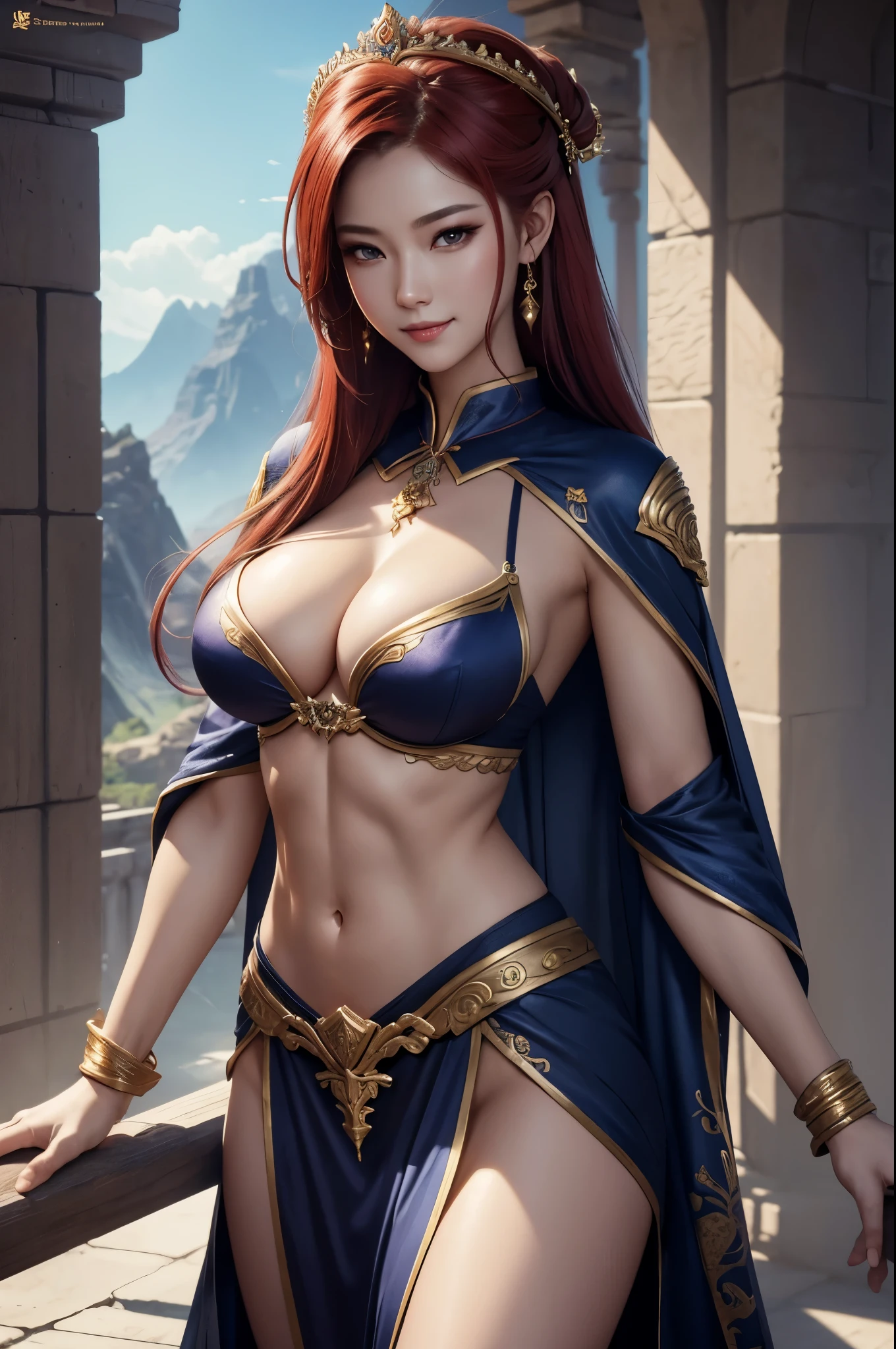 8k,Goddess close-up, gorgeous big breast dress, Sexy超美人(like the real thing)goddess of war,slender body,muscular woman,smile,kind eyes,beautiful long red hair,strongly cracked abdominal muscles,Sexy,highly detailed art germ, Alexandra Fomina Art Station, 2. 5d cgi anime fantasy artwork, fan art best art station, great character art, Kushart Krenz Key Art Feminine, Chengwei Pan at Art Station,Super high resolution,fantasy art,strongly cracked abdominal muscles,muscular thin legs,very big breasts,luxurious long skirt,Inside the temple,view audience,smile,kind eyes,beautiful expression,